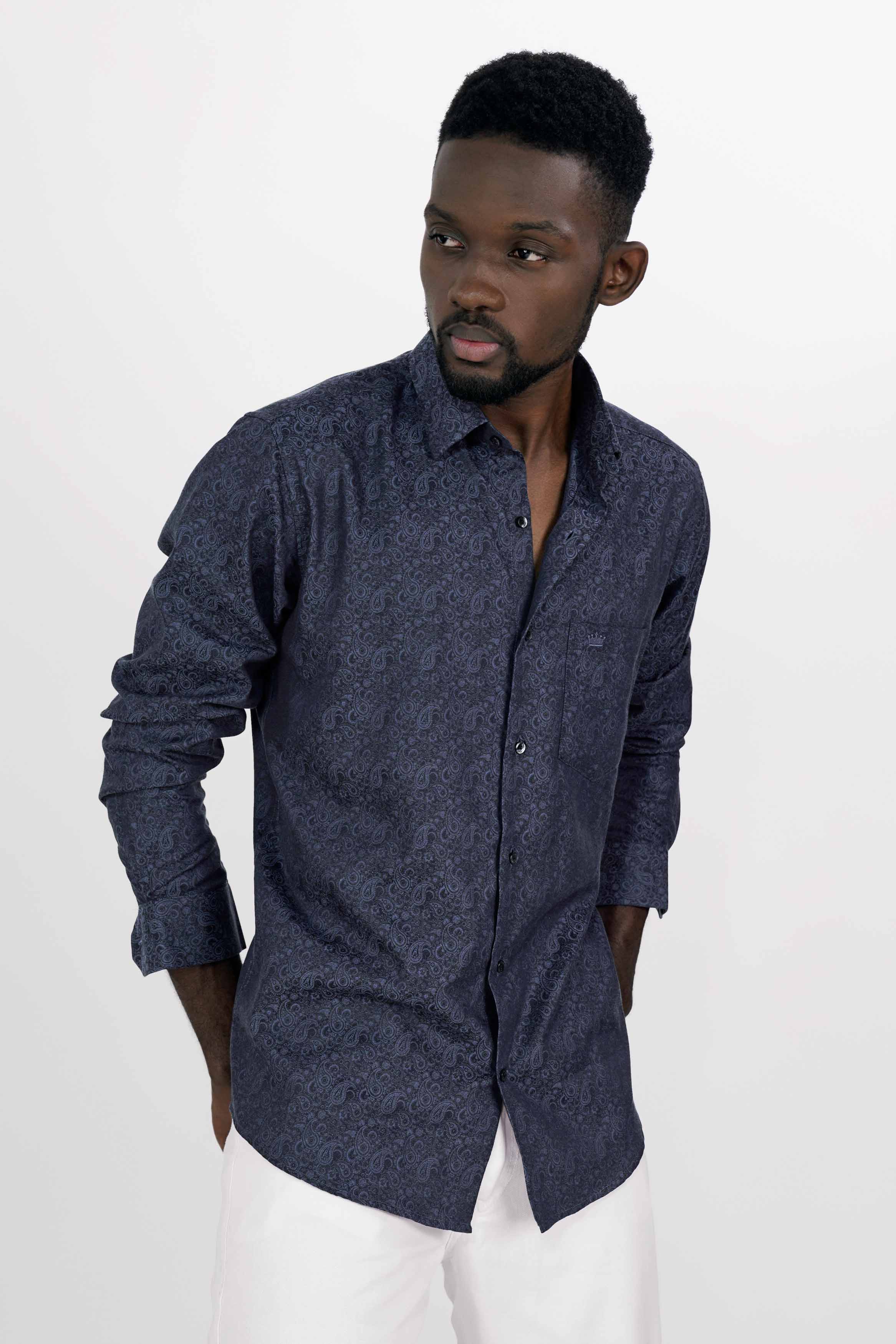 Outer Space Blue and Black Paisley Jacquard Textured Premium Giza Cotton Shirt