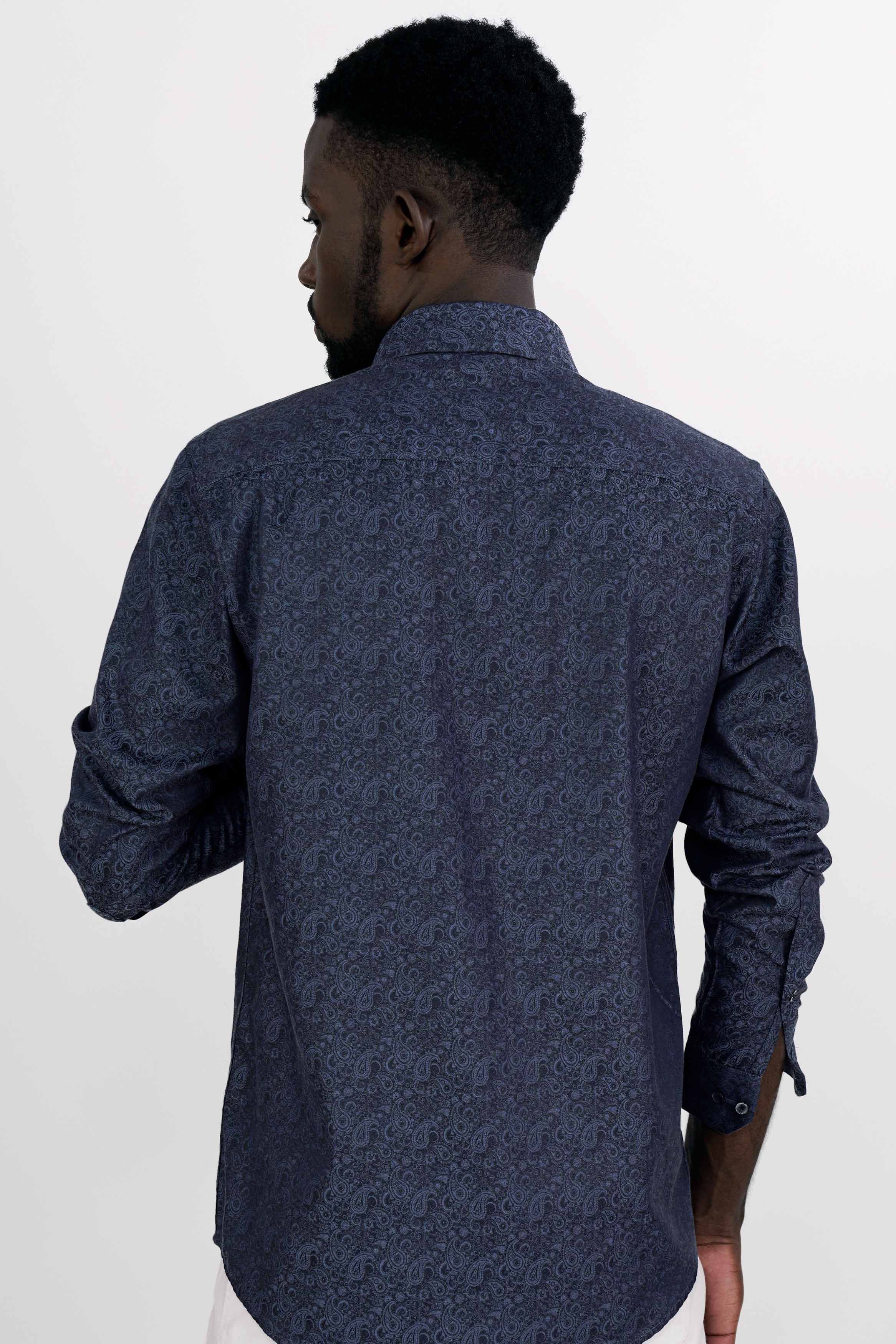Outer Space Blue and Black Paisley Jacquard Textured Premium Giza Cotton Shirt