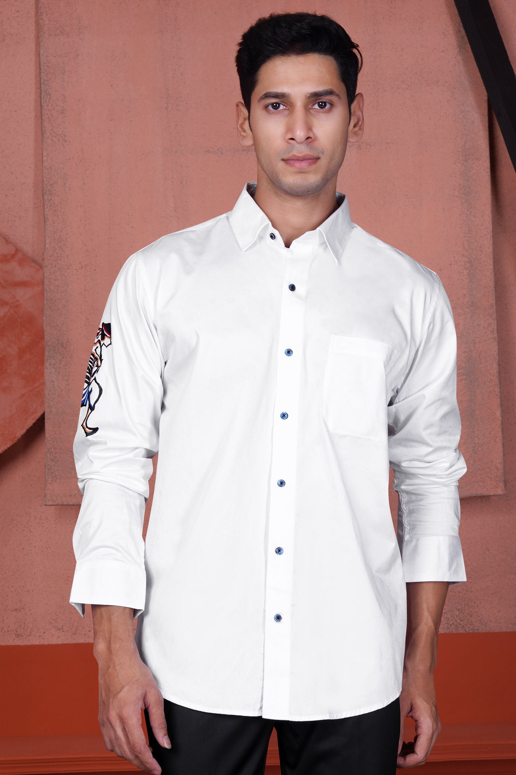 Bright White Man Playing Dhol Hand Painted Subtle Sheen Super Soft Premium Cotton Designer Shirt 1066-BLE-ART06-38, 1066-BLE-ART06-H-38, 1066-BLE-ART06-39, 1066-BLE-ART06-H-39, 1066-BLE-ART06-40, 1066-BLE-ART06-H-40, 1066-BLE-ART06-42, 1066-BLE-ART06-H-42, 1066-BLE-ART06-44, 1066-BLE-ART06-H-44, 1066-BLE-ART06-46, 1066-BLE-ART06-H-46, 1066-BLE-ART06-48, 1066-BLE-ART06-H-48, 1066-BLE-ART06-50, 1066-BLE-ART06-H-50, 1066-BLE-ART06-52, 1066-BLE-ART06-H-52