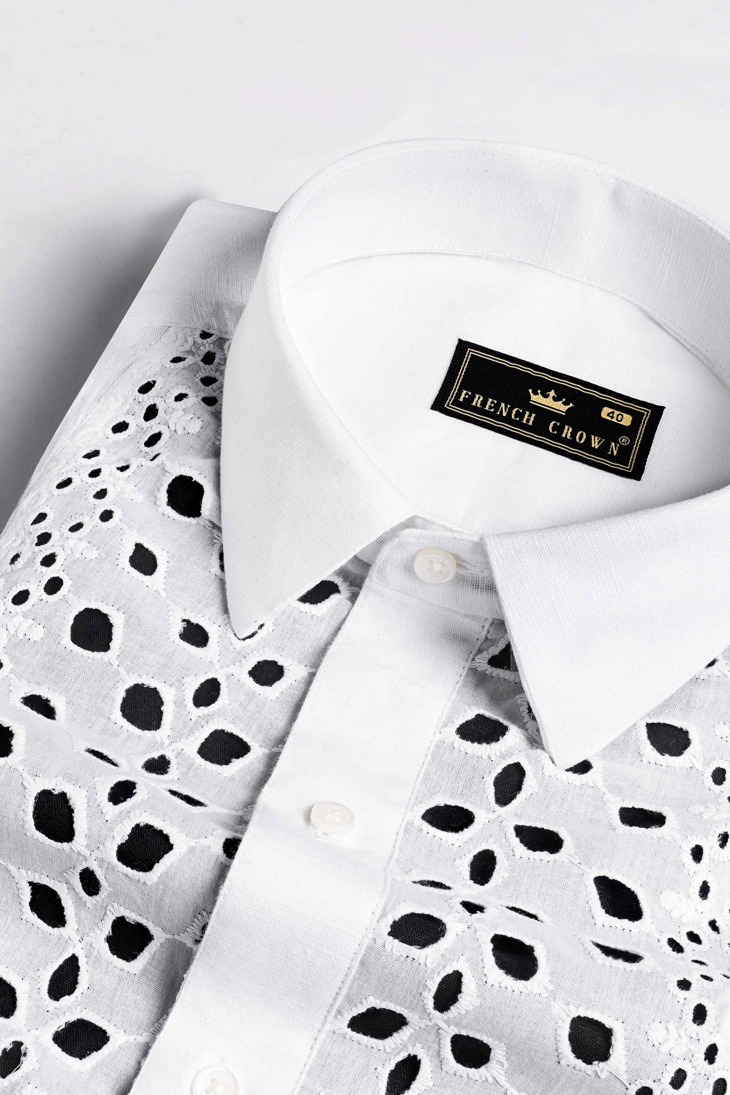 Bright White and Black Cutwork Luxurious Linen Designer Shirt