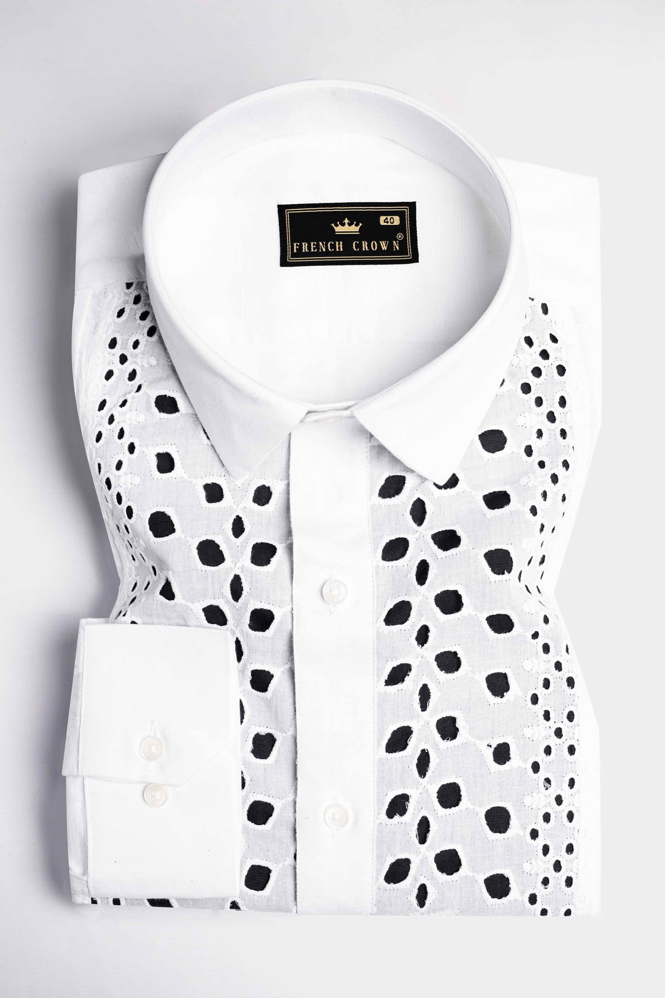 Bright White and Black Cutwork Luxurious Linen Designer Shirt
