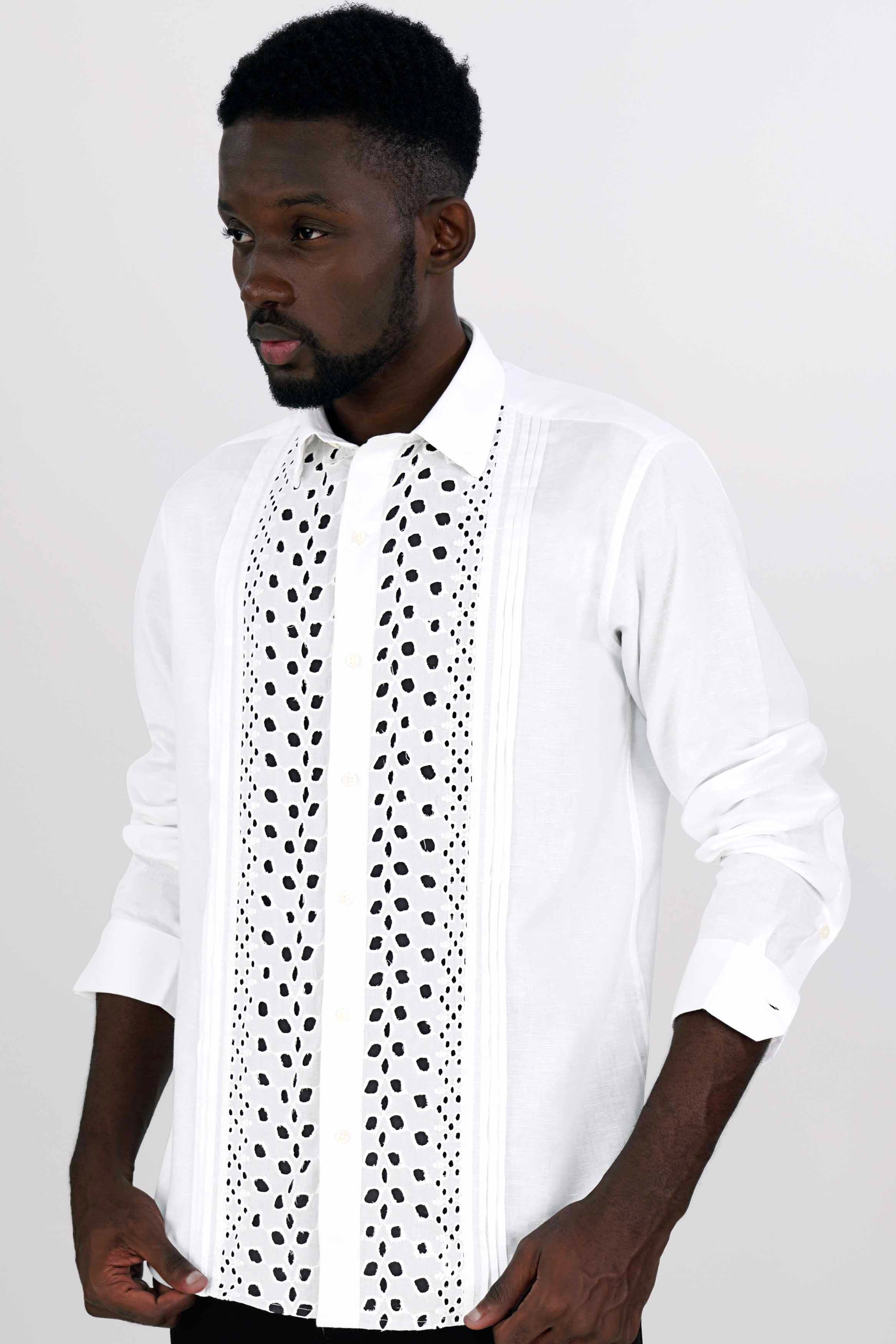 Bright White and Black Cutwork Luxurious Linen Designer Shirt