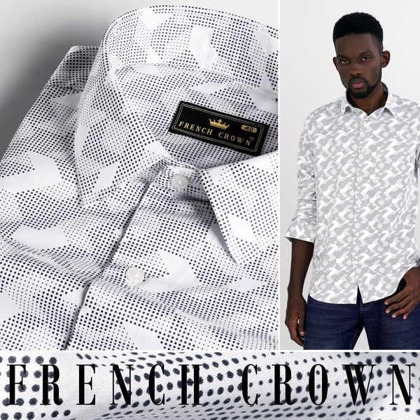 French Crown Bright White Embellished with Black Hand Casual Prints Premium Cotton Shirt For Men, 44 / XL / Full Sleeves