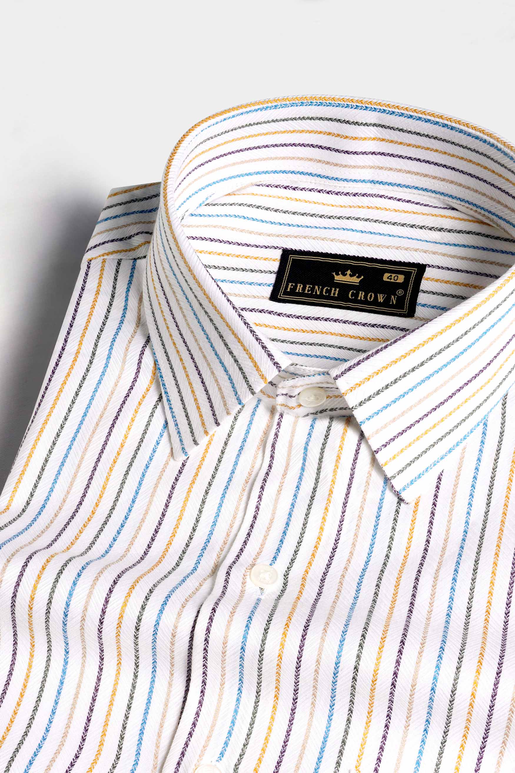 Bright White with Salmon Brown Multicolour Striped Dobby Textured Premium Giza Cotton Shirt