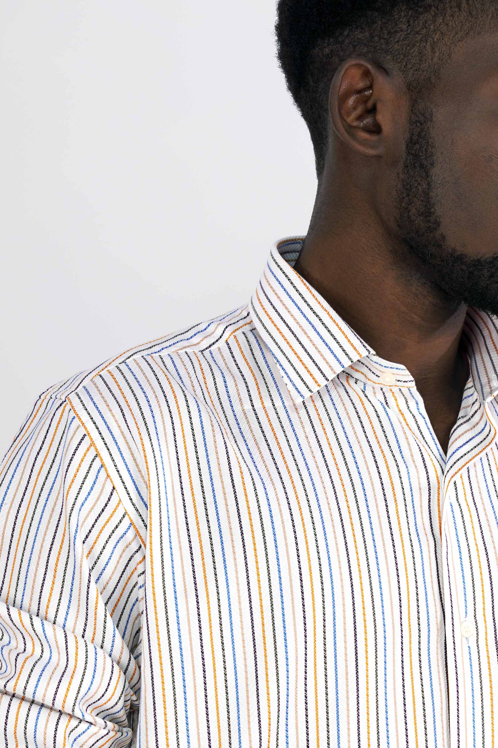 Bright White with Salmon Brown Multicolour Striped Dobby Textured Premium Giza Cotton Shirt
