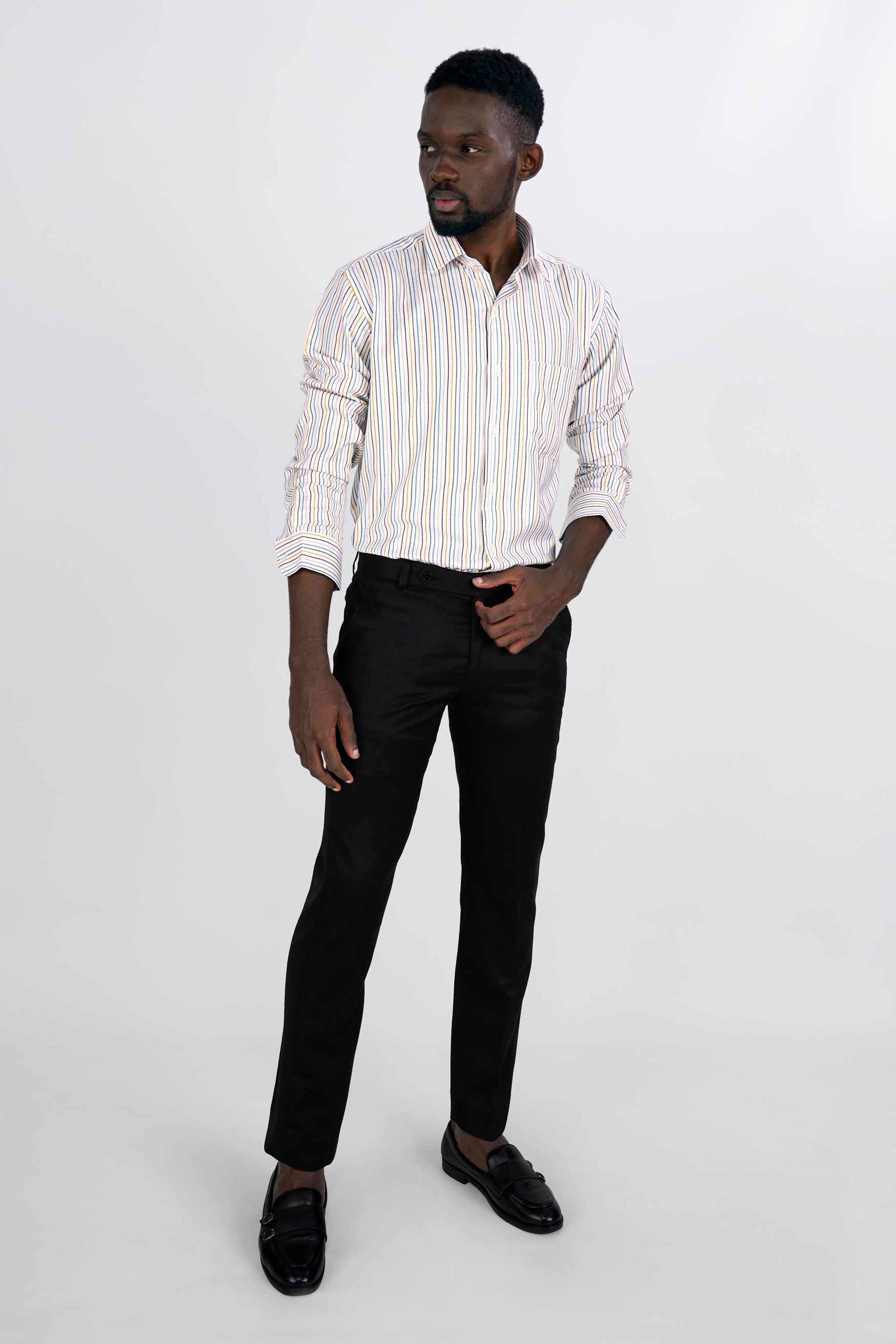 Bright White with Salmon Brown Multicolour Striped Dobby Textured Premium Giza Cotton Shirt
