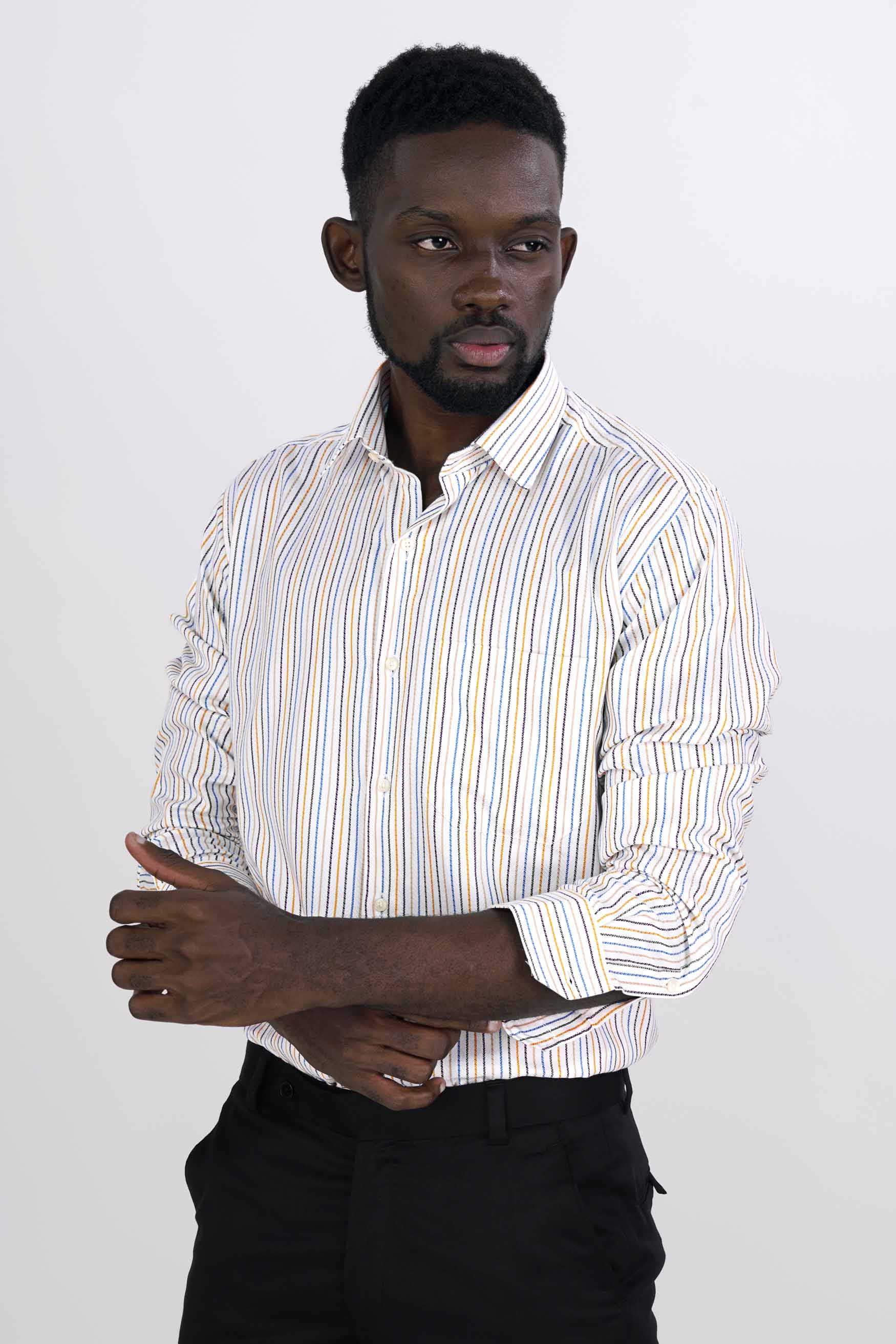 Bright White with Salmon Brown Multicolour Striped Dobby Textured Premium Giza Cotton Shirt