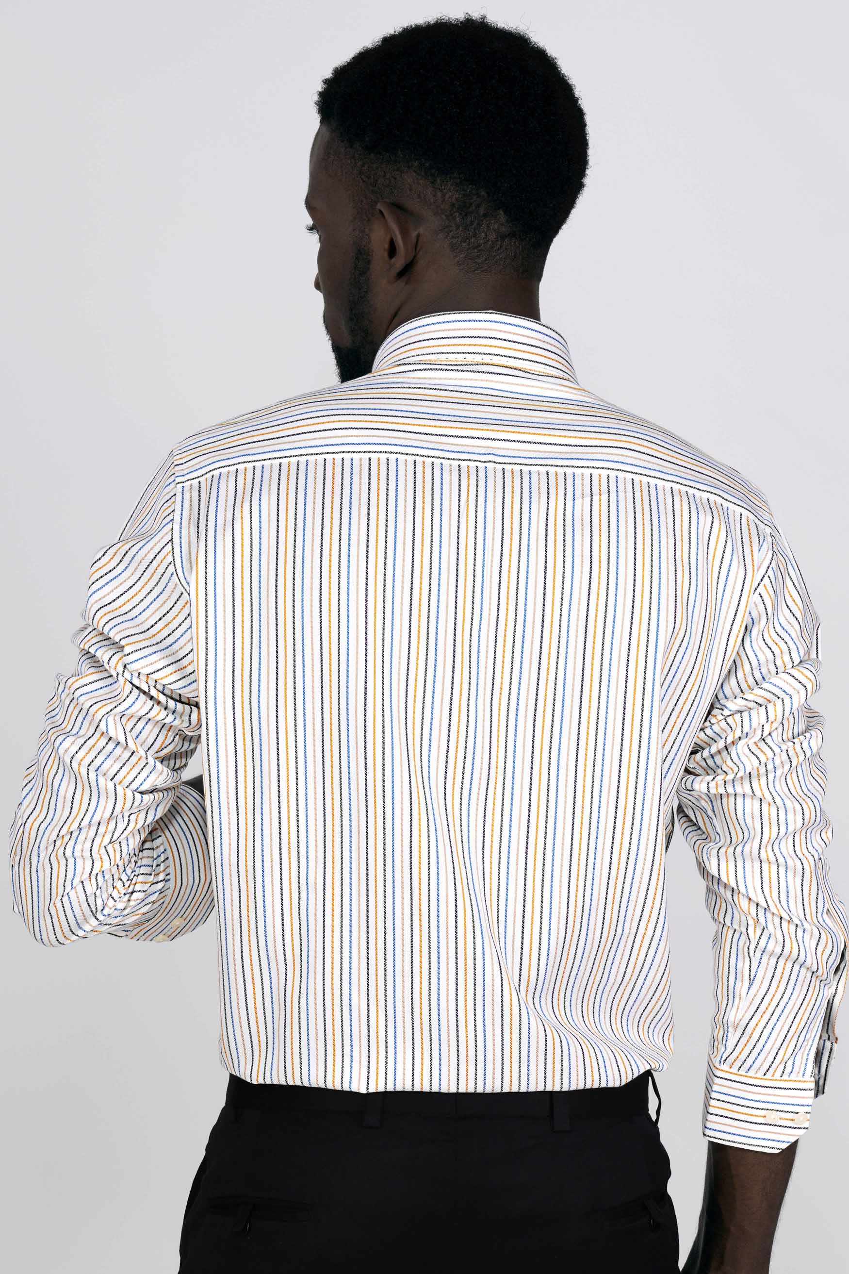 Bright White with Salmon Brown Multicolour Striped Dobby Textured Premium Giza Cotton Shirt