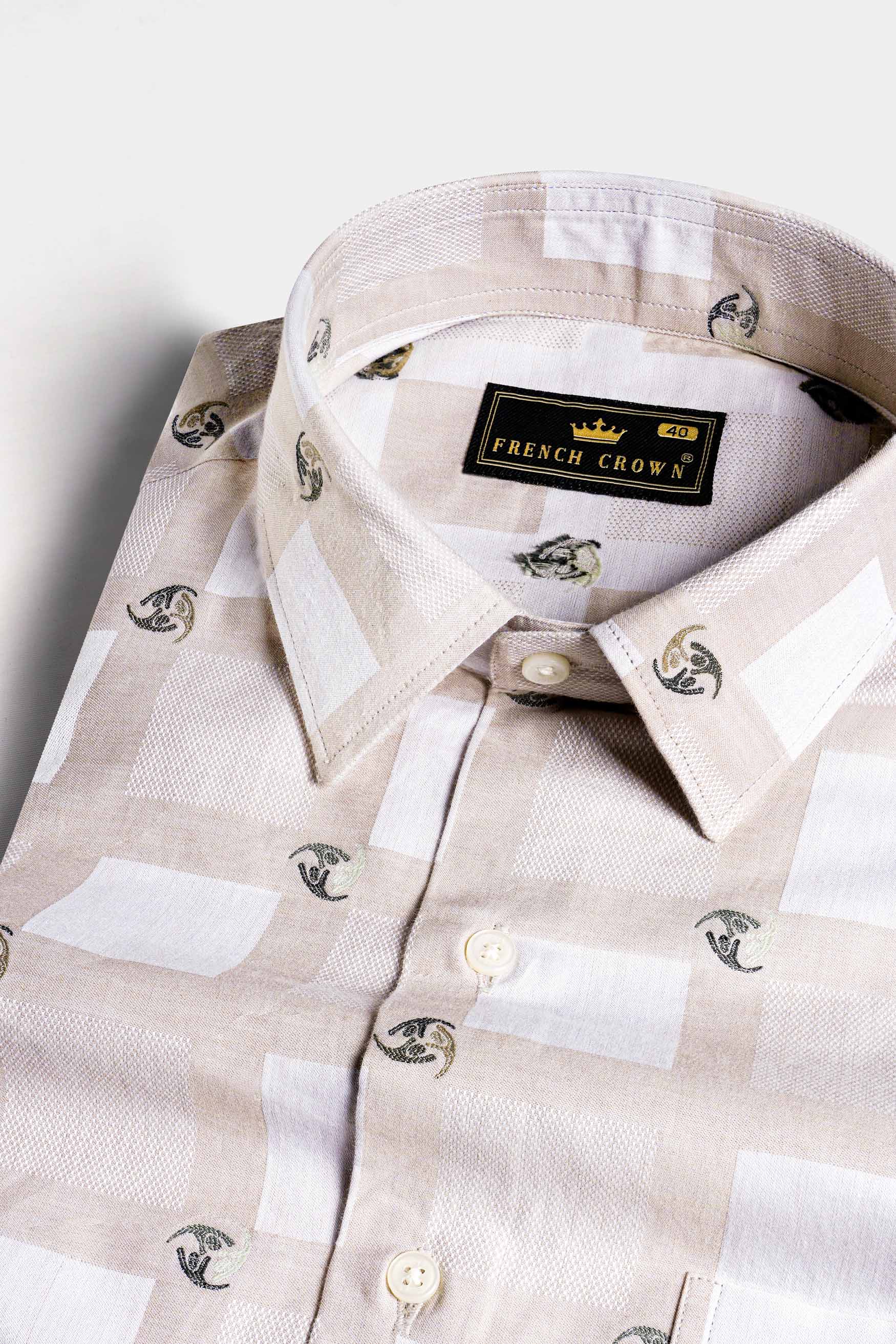 Bone Brown with White Box Jacquard Textured Premium Giza Cotton Shirt