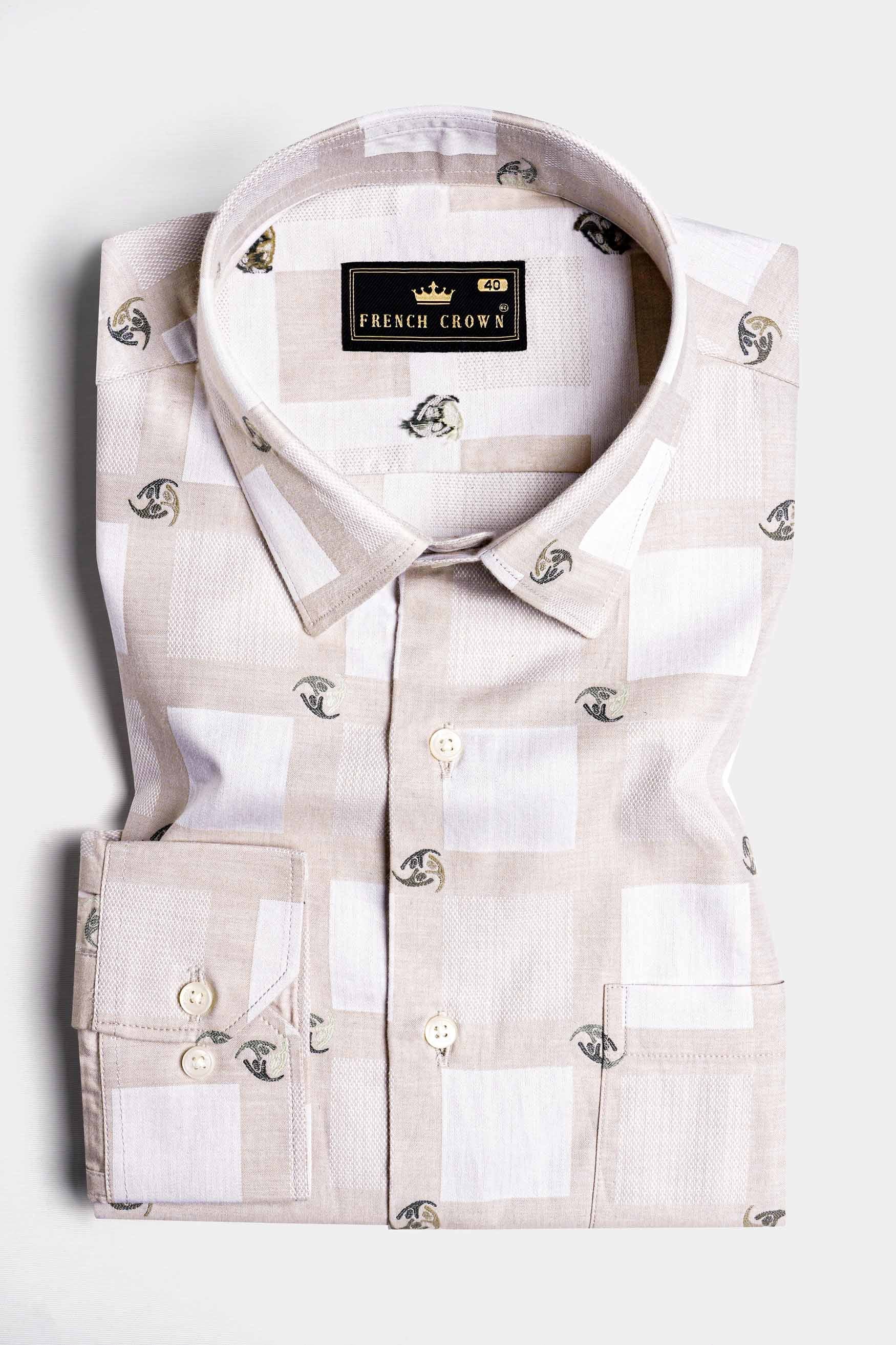 Bone Brown with White Box Jacquard Textured Premium Giza Cotton Shirt