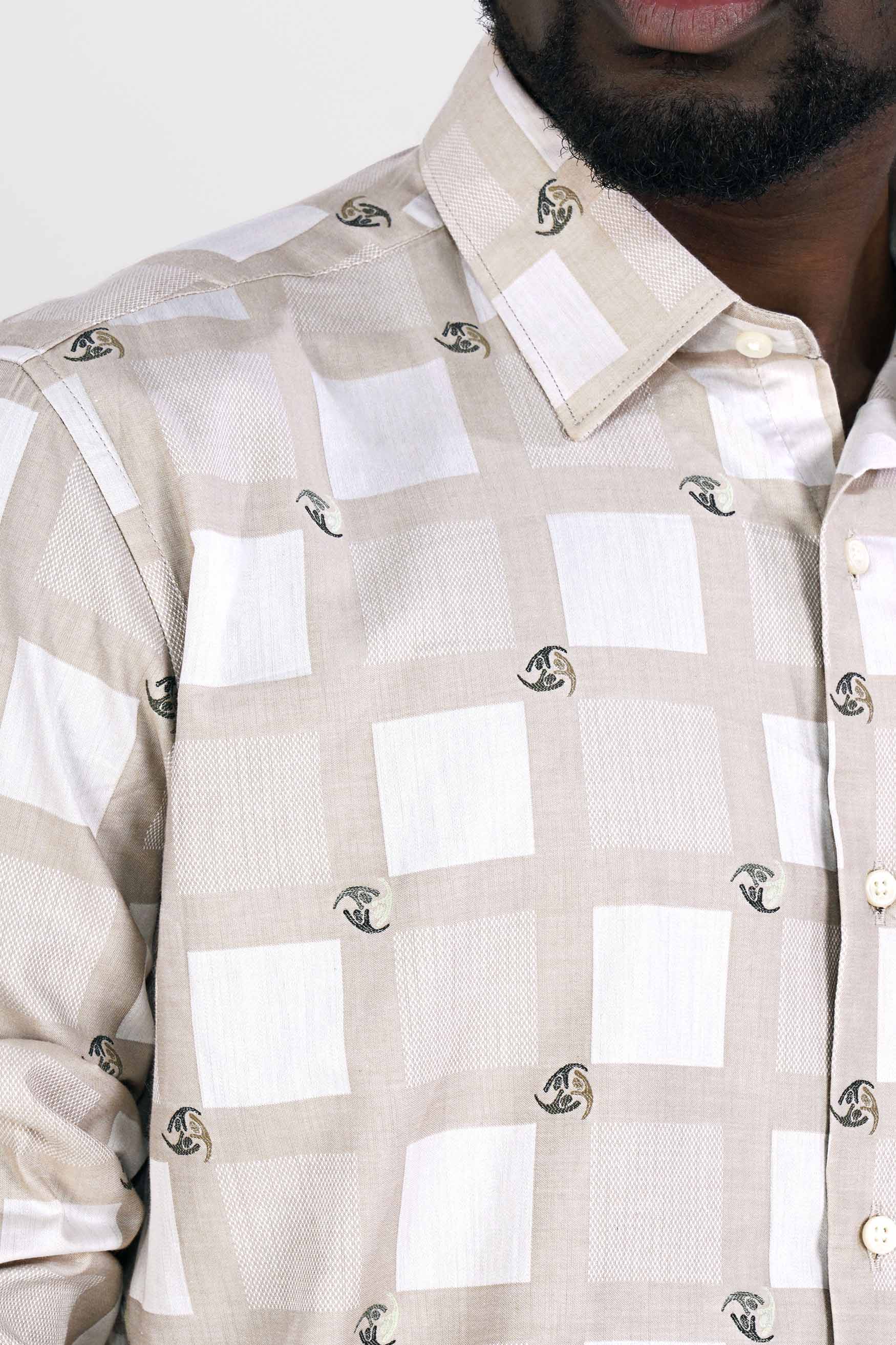 Bone Brown with White Box Jacquard Textured Premium Giza Cotton Shirt
