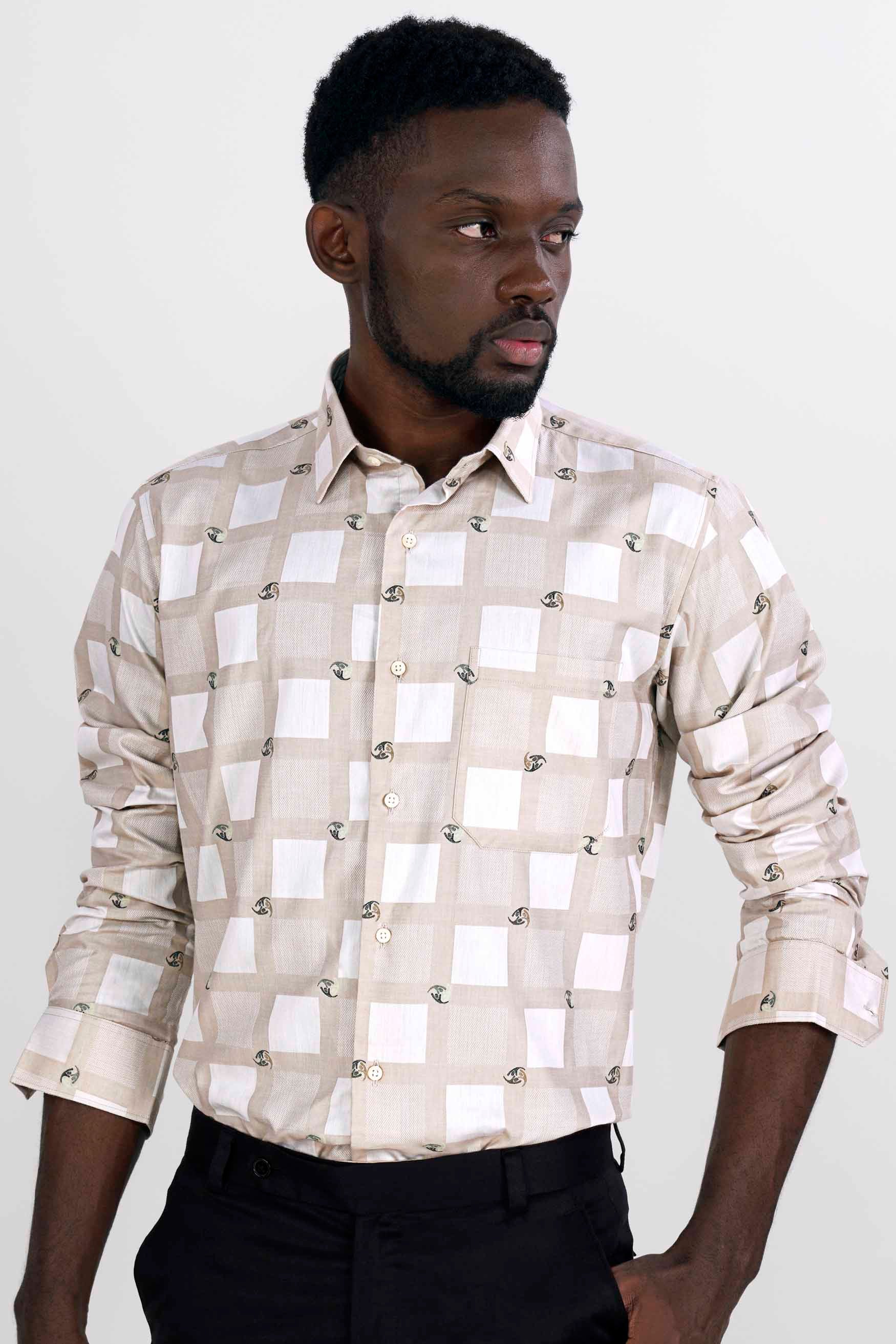 Bone Brown with White Box Jacquard Textured Premium Giza Cotton Shirt