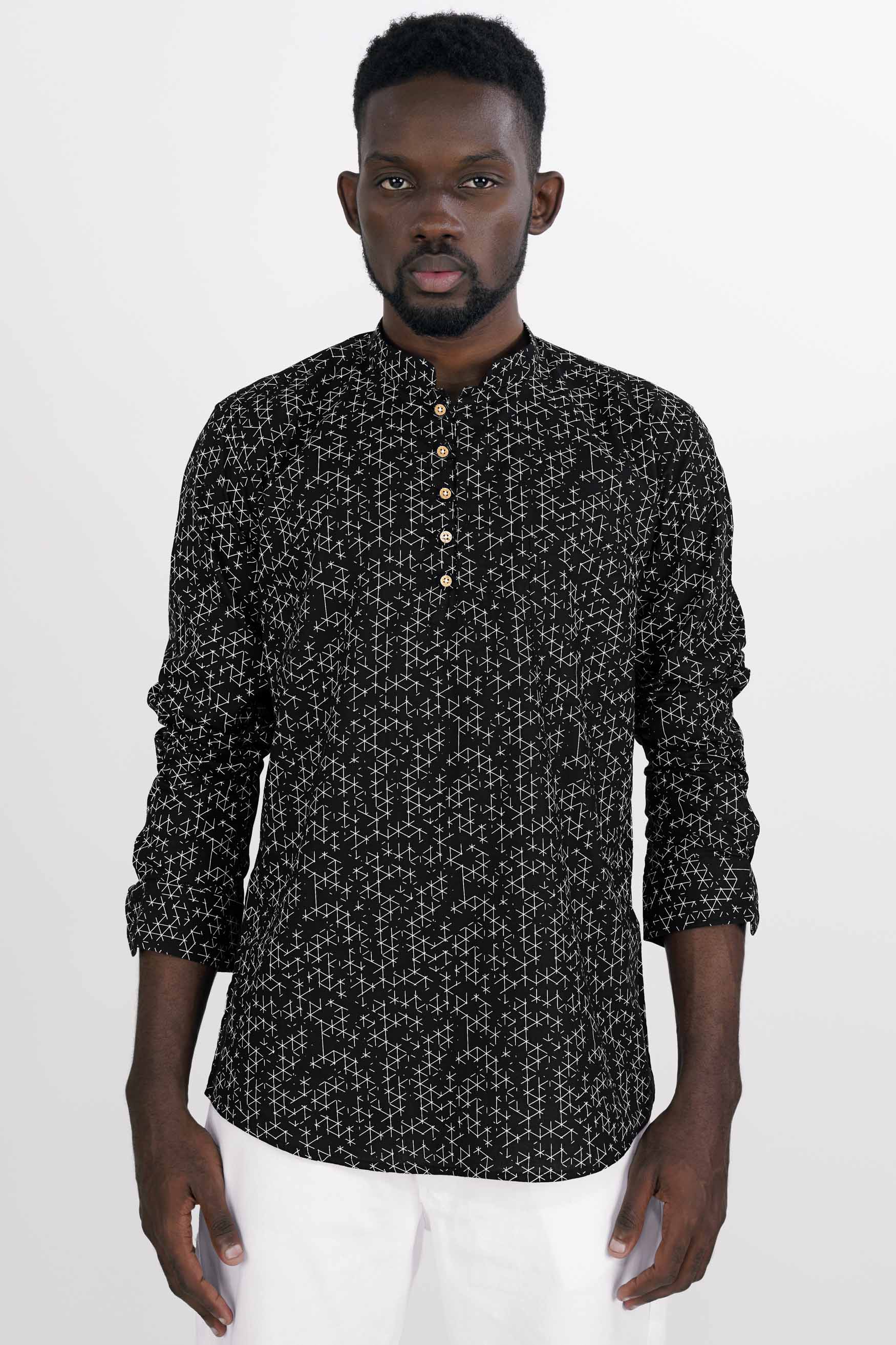 Jade Black and White Dobby Textured Premium Giza Cotton Kurta Shirt