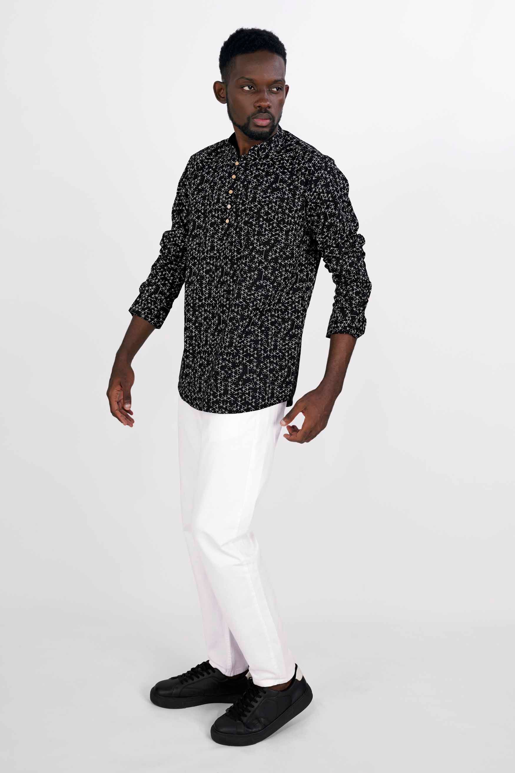 Jade Black and White Dobby Textured Premium Giza Cotton Kurta Shirt