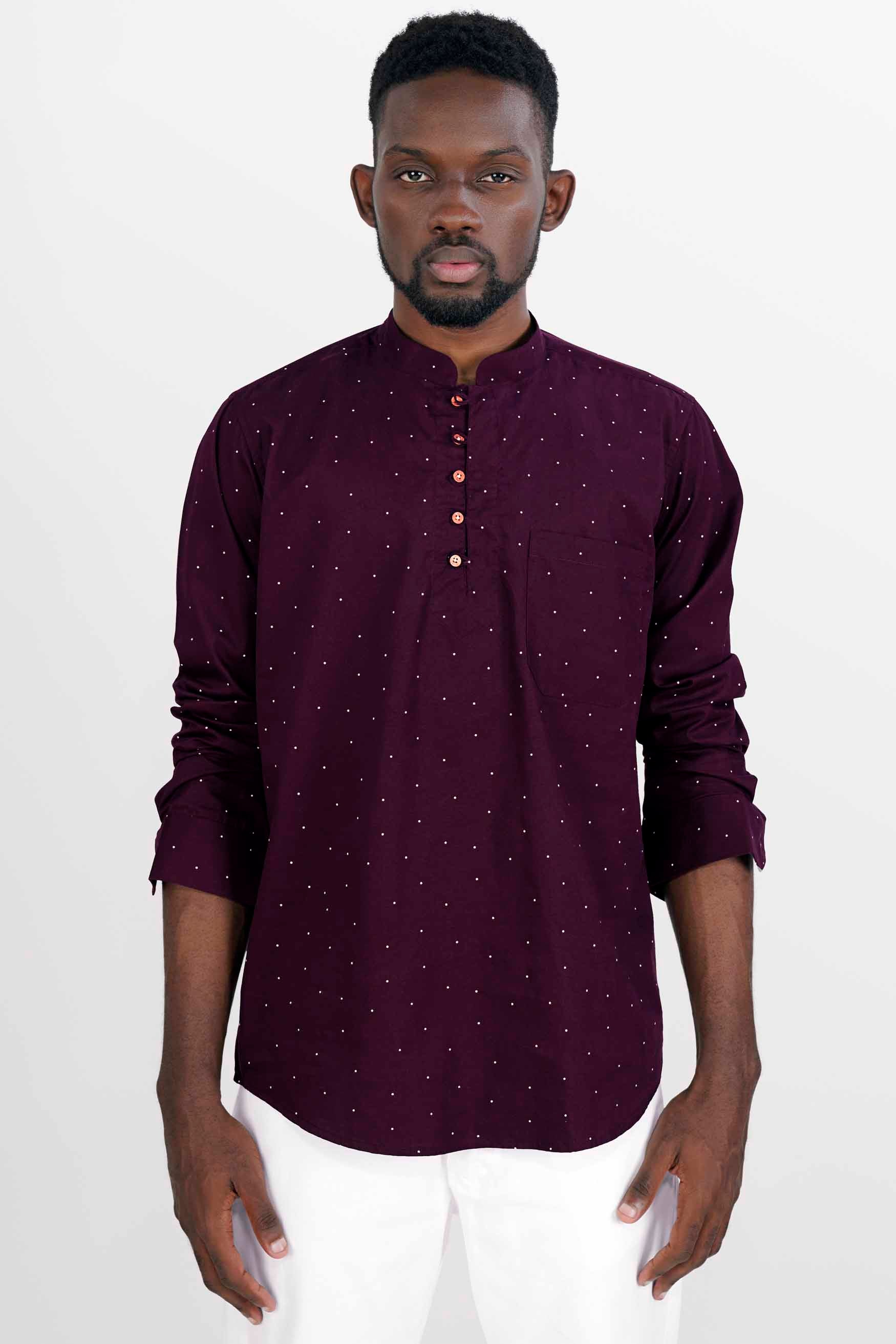 Bleached Cedar Wine Polka Dotted Twill Premium Cotton Kurta Shirt