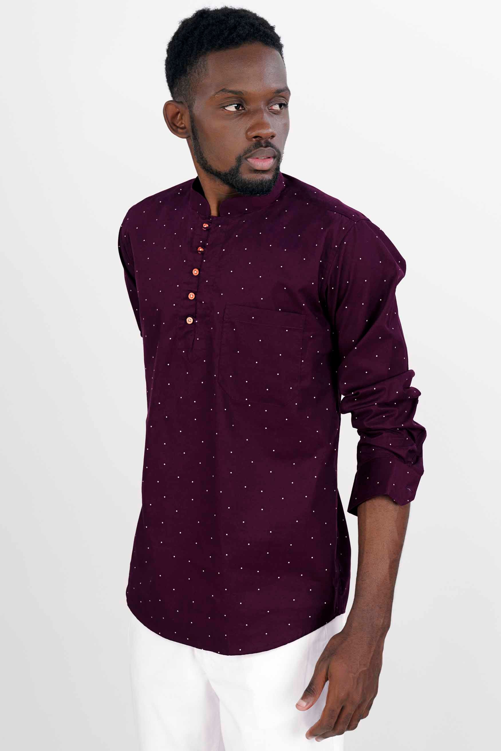 Bleached Cedar Wine Polka Dotted Twill Premium Cotton Kurta Shirt