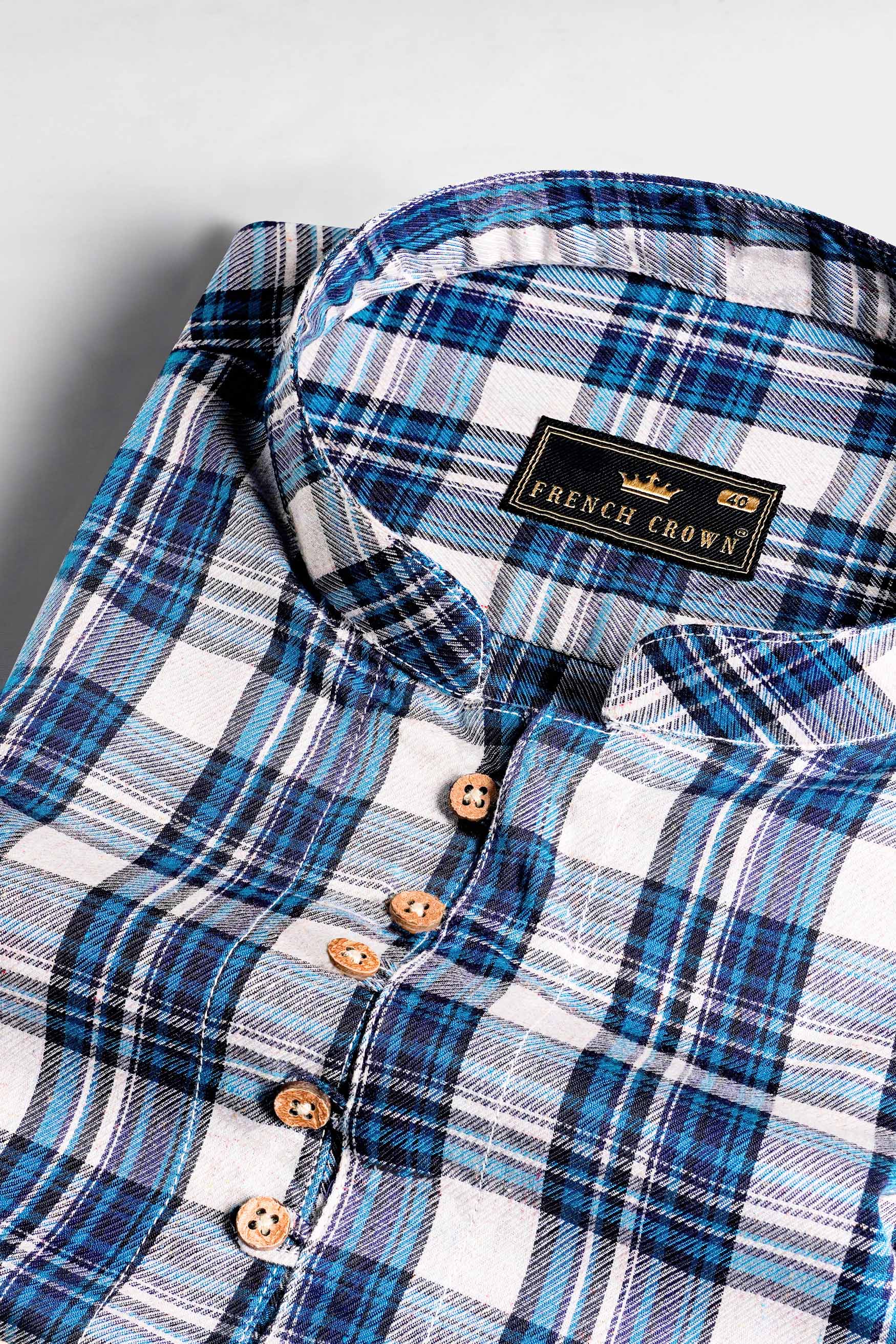 Bright White with Black and Glacial Blue Plaid Twill Premium Cotton Kurta Shirt