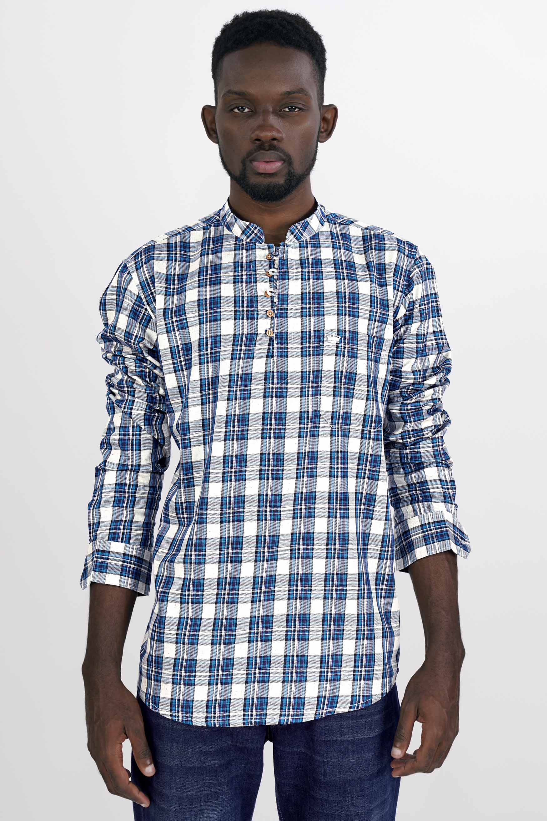 Bright White with Black and Glacial Blue Plaid Twill Premium Cotton Kurta Shirt