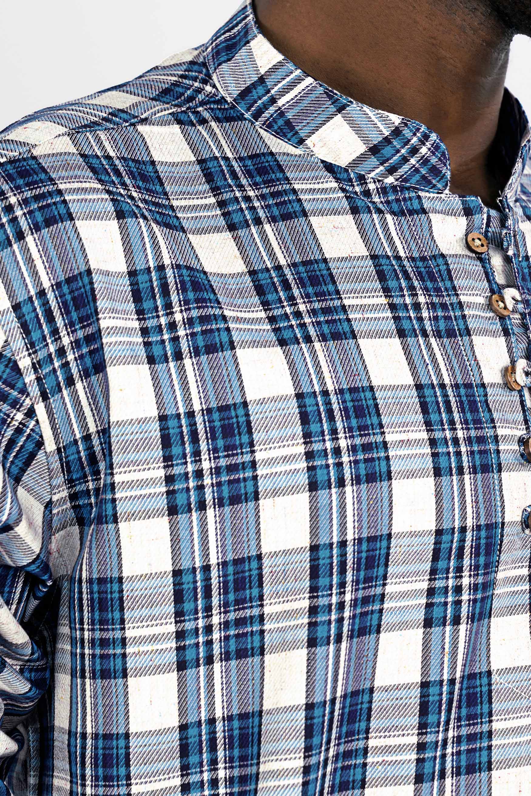Bright White with Black and Glacial Blue Plaid Twill Premium Cotton Kurta Shirt