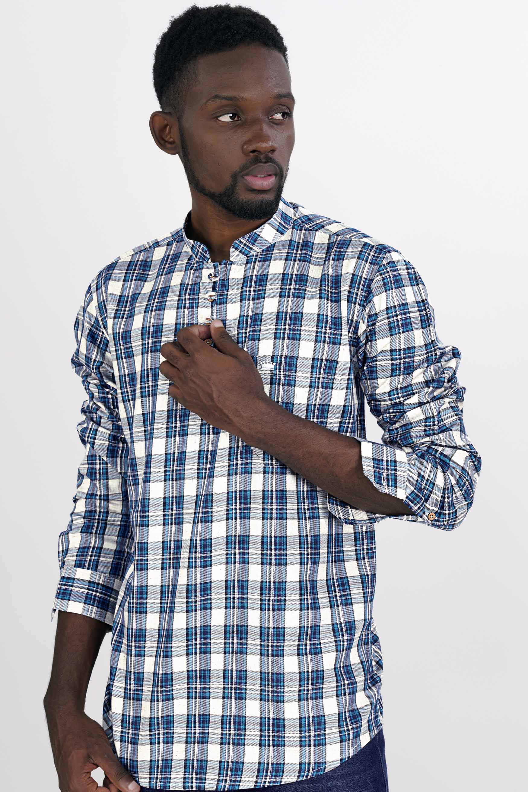 Bright White with Black and Glacial Blue Plaid Twill Premium Cotton Kurta Shirt