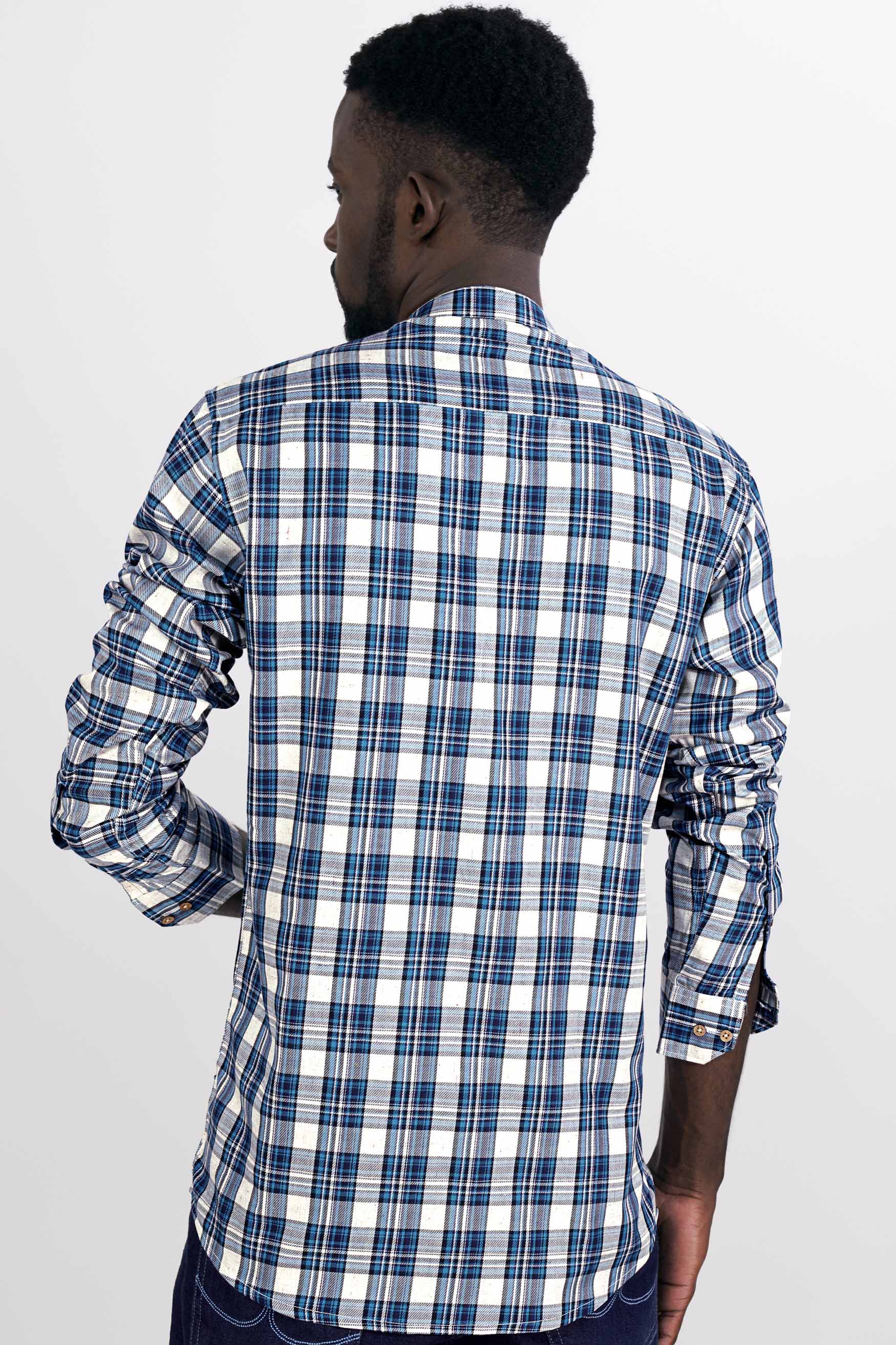 Bright White with Black and Glacial Blue Plaid Twill Premium Cotton Kurta Shirt