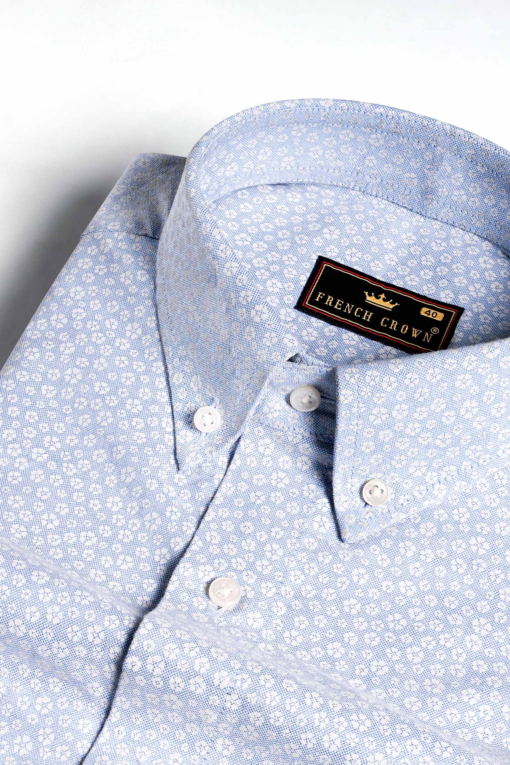 Pale Aqua Blue and White Ditsy Printed Royal Oxford Shirt