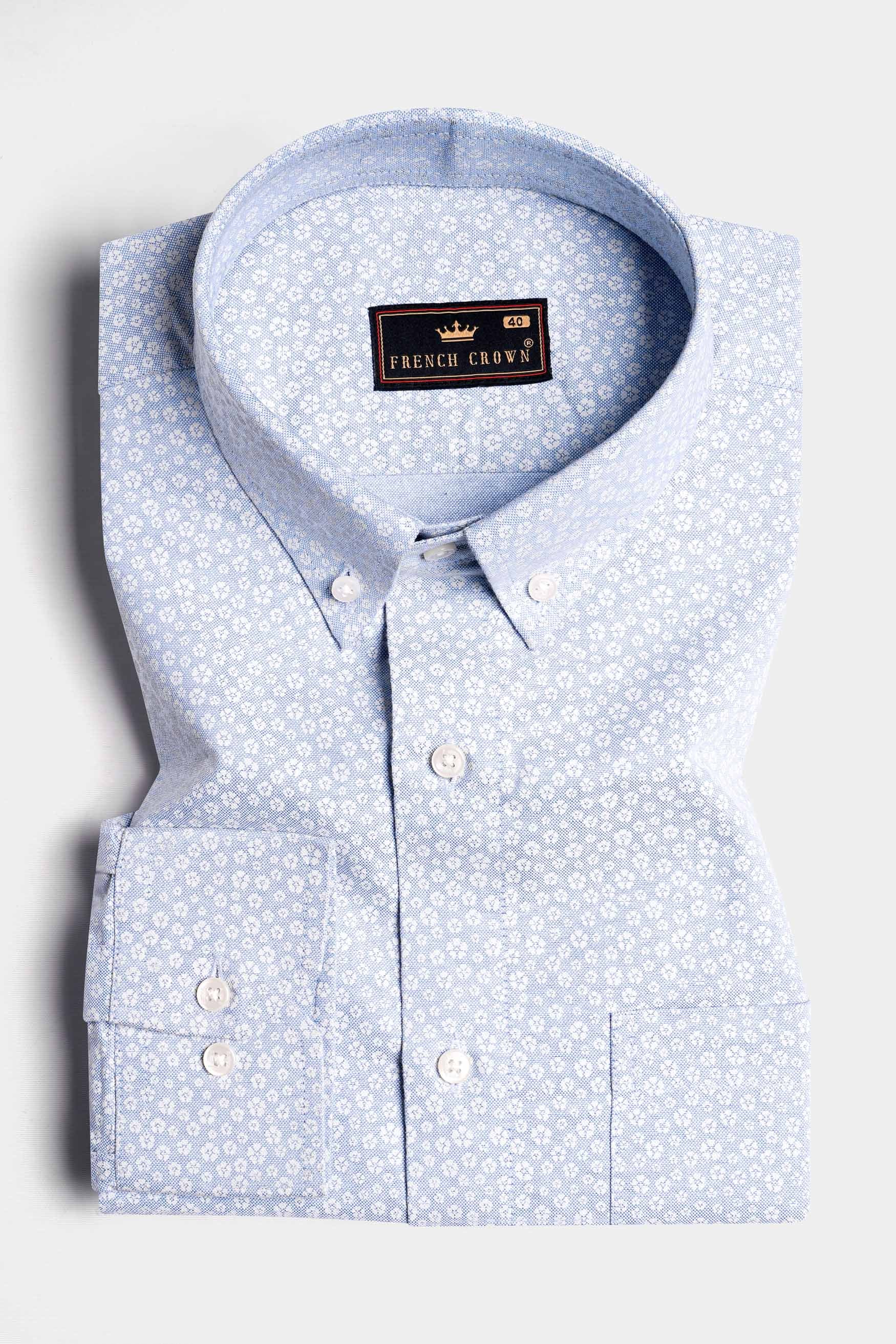 Pale Aqua Blue and White Ditsy Printed Royal Oxford Shirt