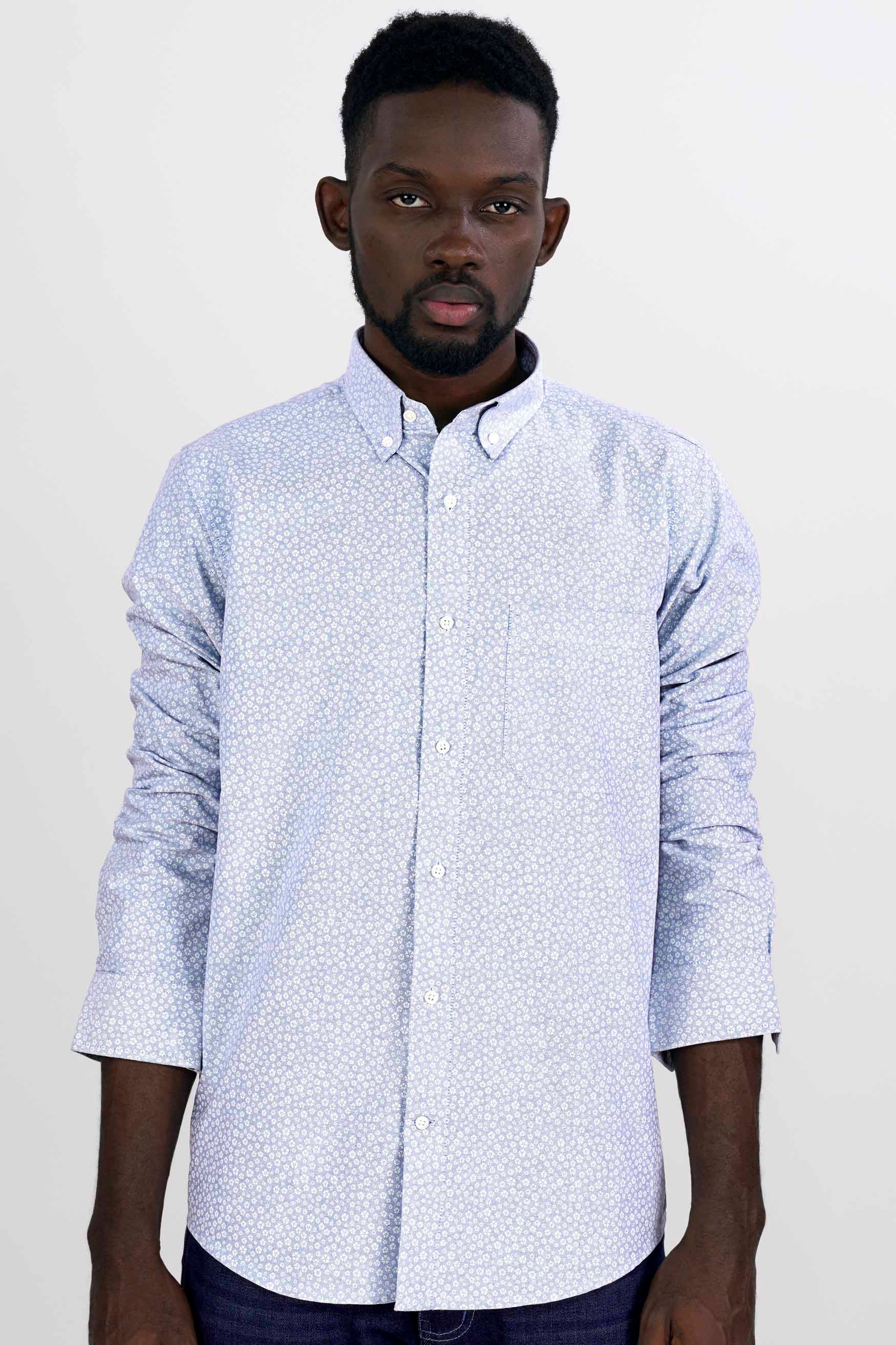Pale Aqua Blue and White Ditsy Printed Royal Oxford Shirt