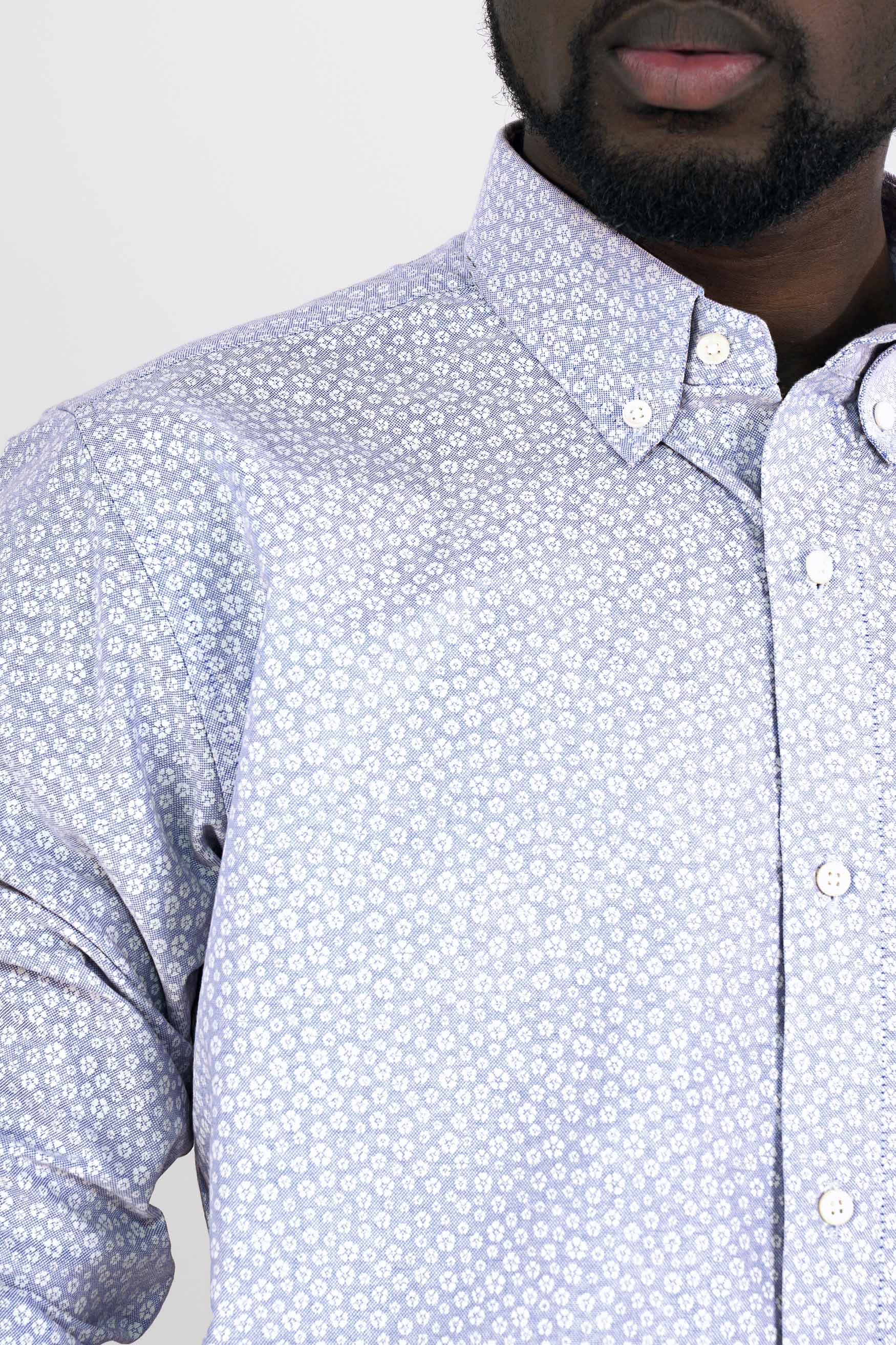 Pale Aqua Blue and White Ditsy Printed Royal Oxford Shirt