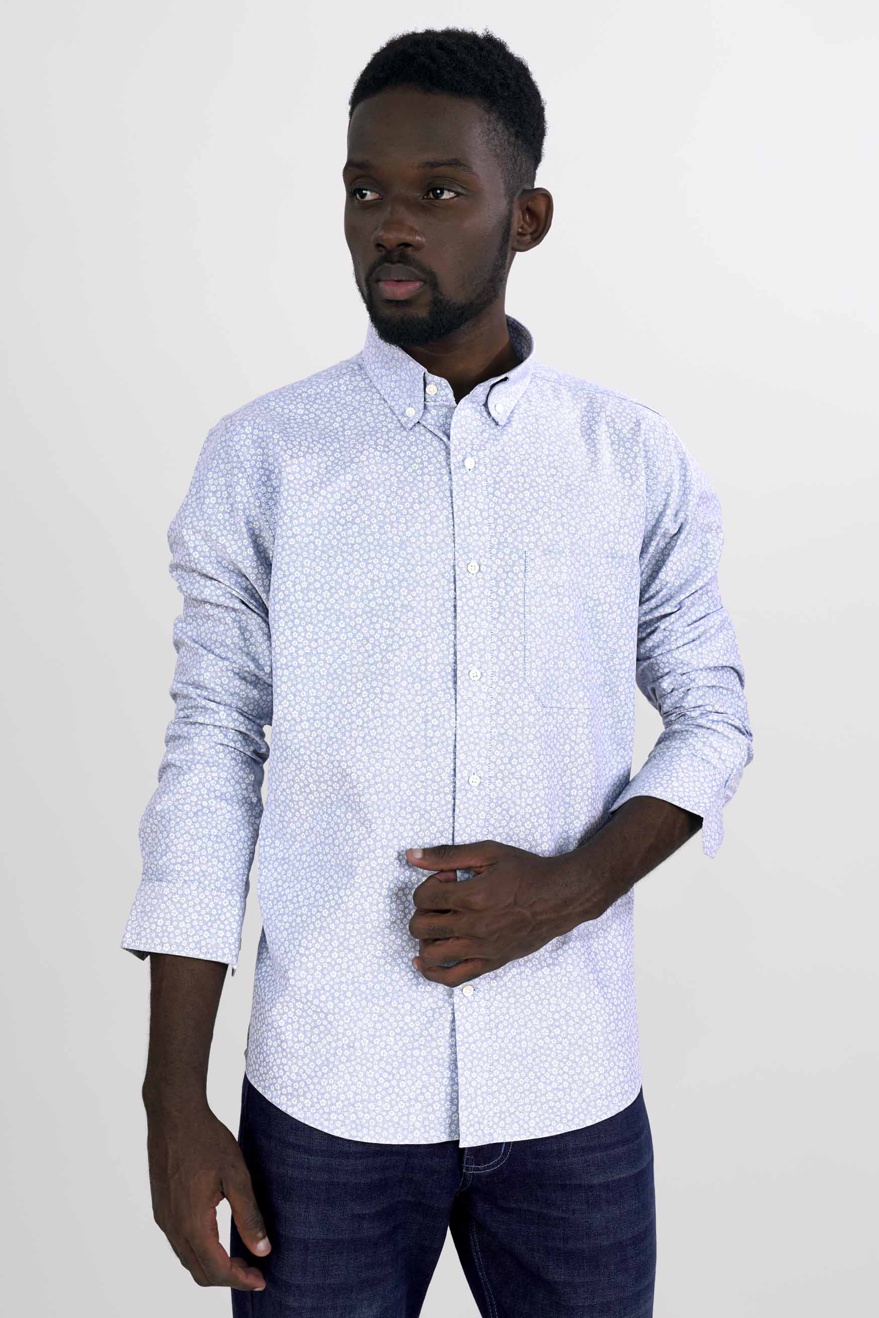 Pale Aqua Blue and White Ditsy Printed Royal Oxford Shirt