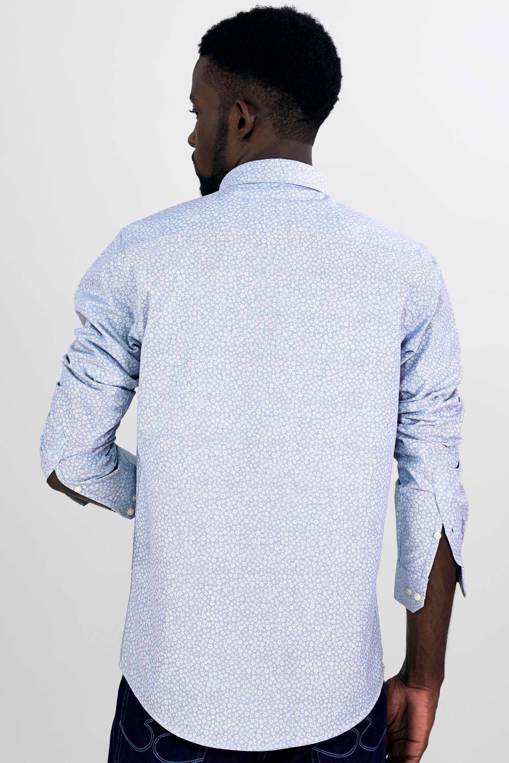 Pale Aqua Blue and White Ditsy Printed Royal Oxford Shirt