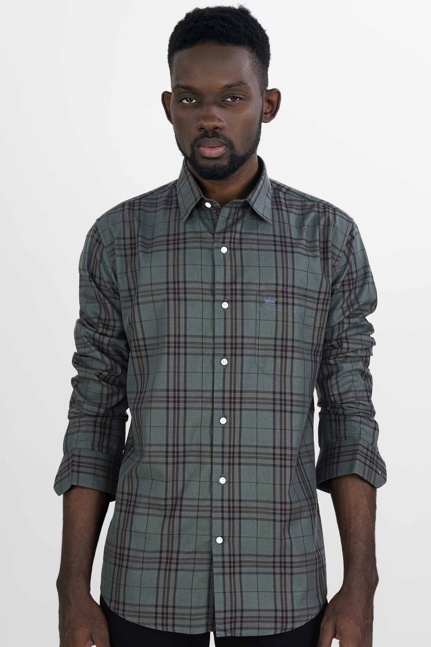 Bayoux Green with Onyx Black and Ferra Brown Twill Plaid Premium Cotton Shirt