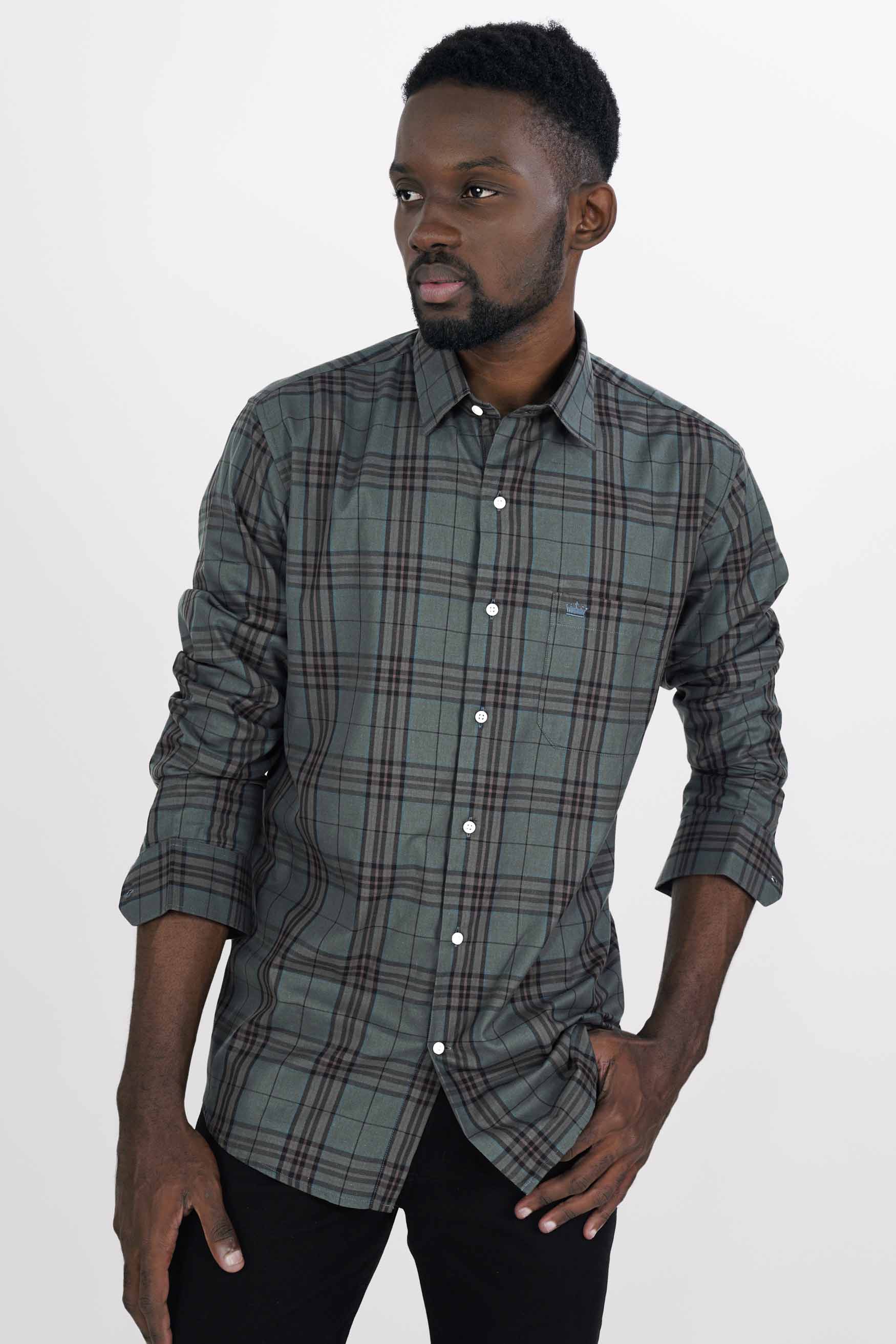 Bayoux Green with Onyx Black and Ferra Brown Twill Plaid Premium Cotton Shirt