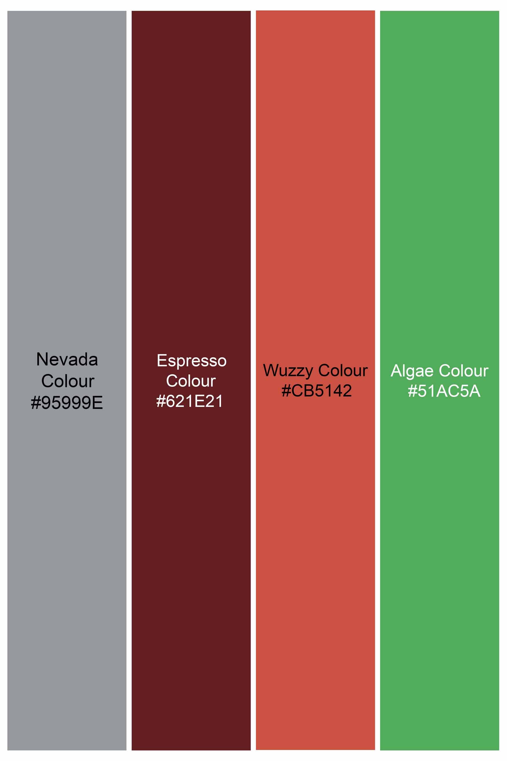 Nevada Gray with Espresso Red and Algae Green Leaves Printed Luxurious Linen Kurta Shirt