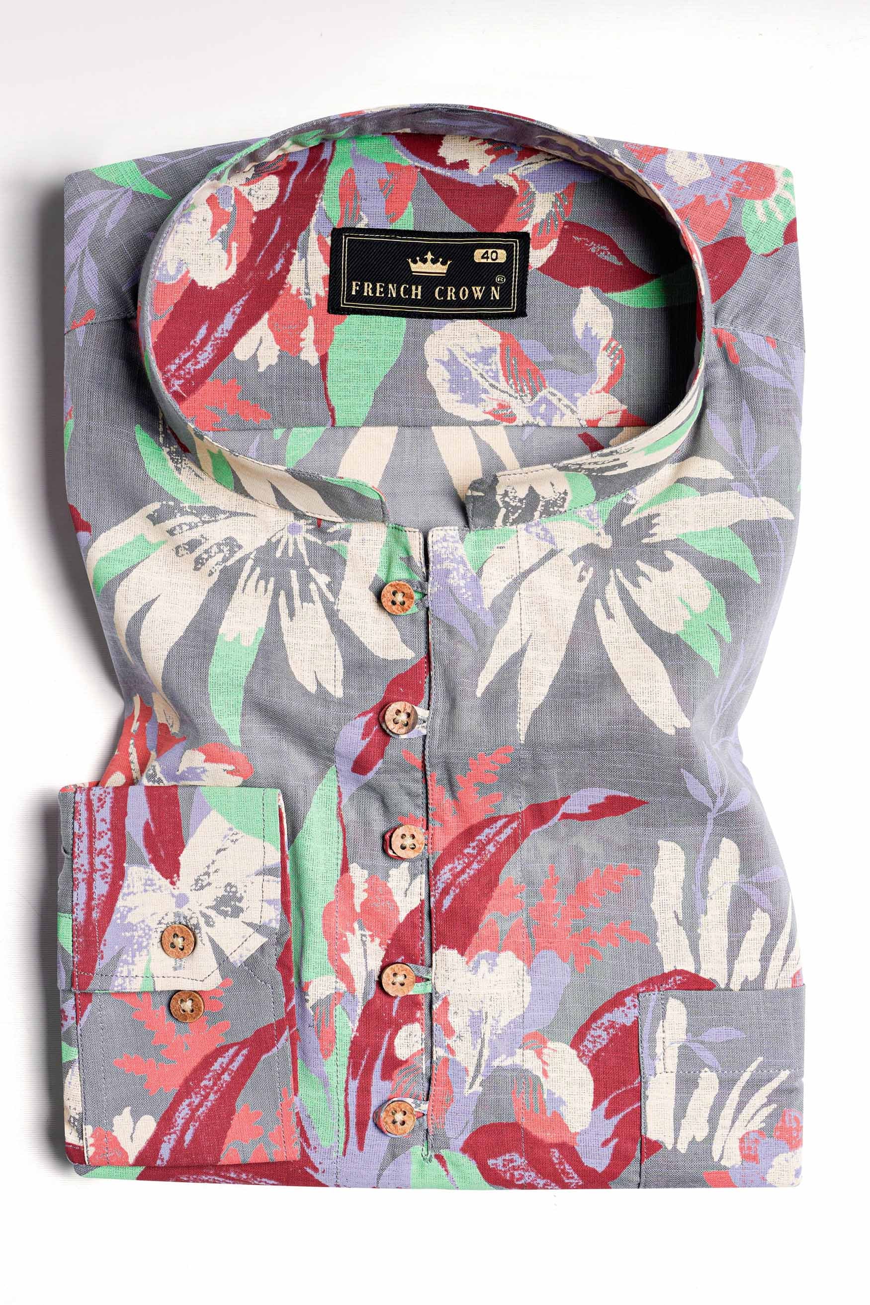 Nevada Gray with Espresso Red and Algae Green Leaves Printed Luxurious Linen Kurta Shirt