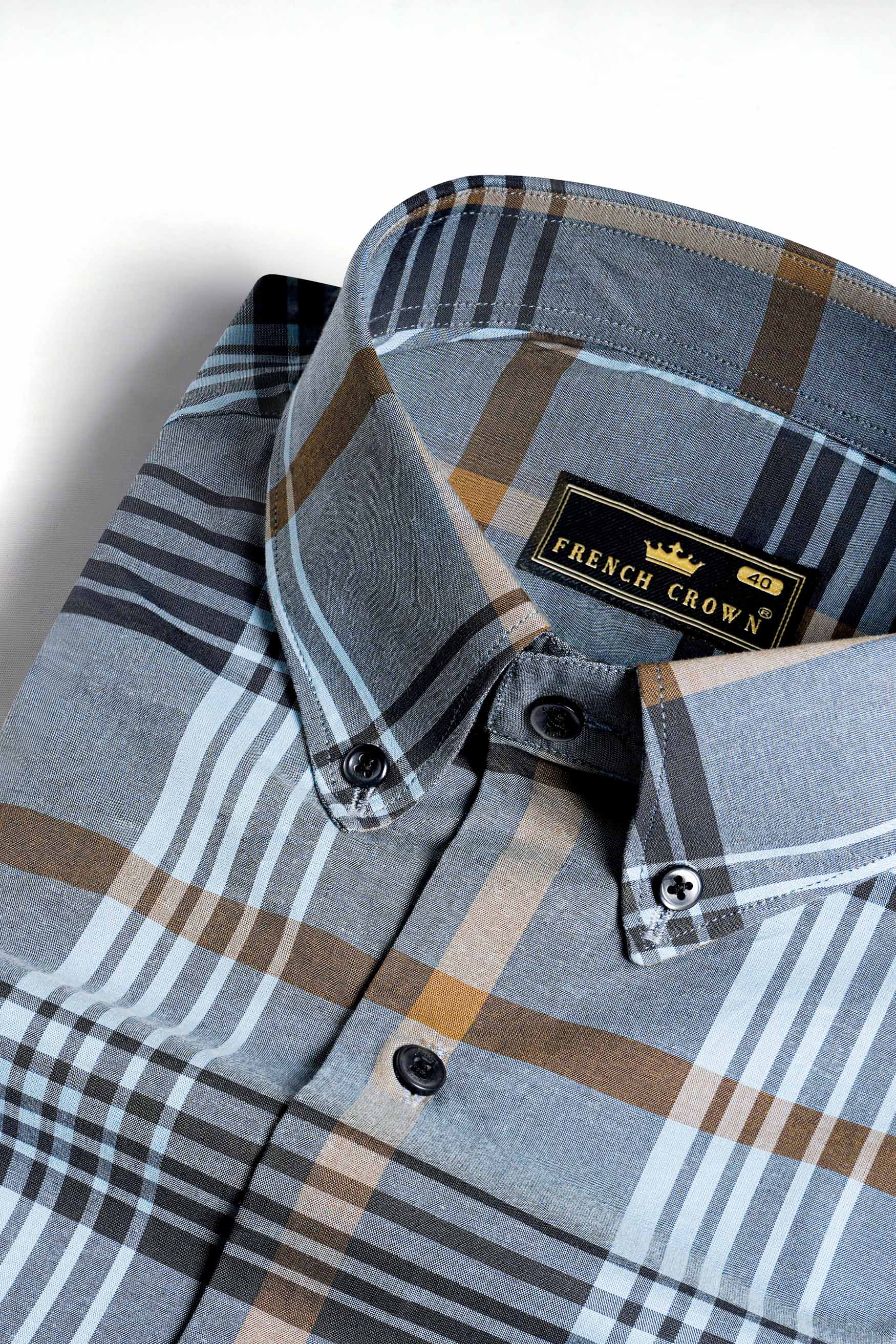 Cadet Gray with Glacier Blue and Muesli Brown Plaid Premium Cotton Shirt