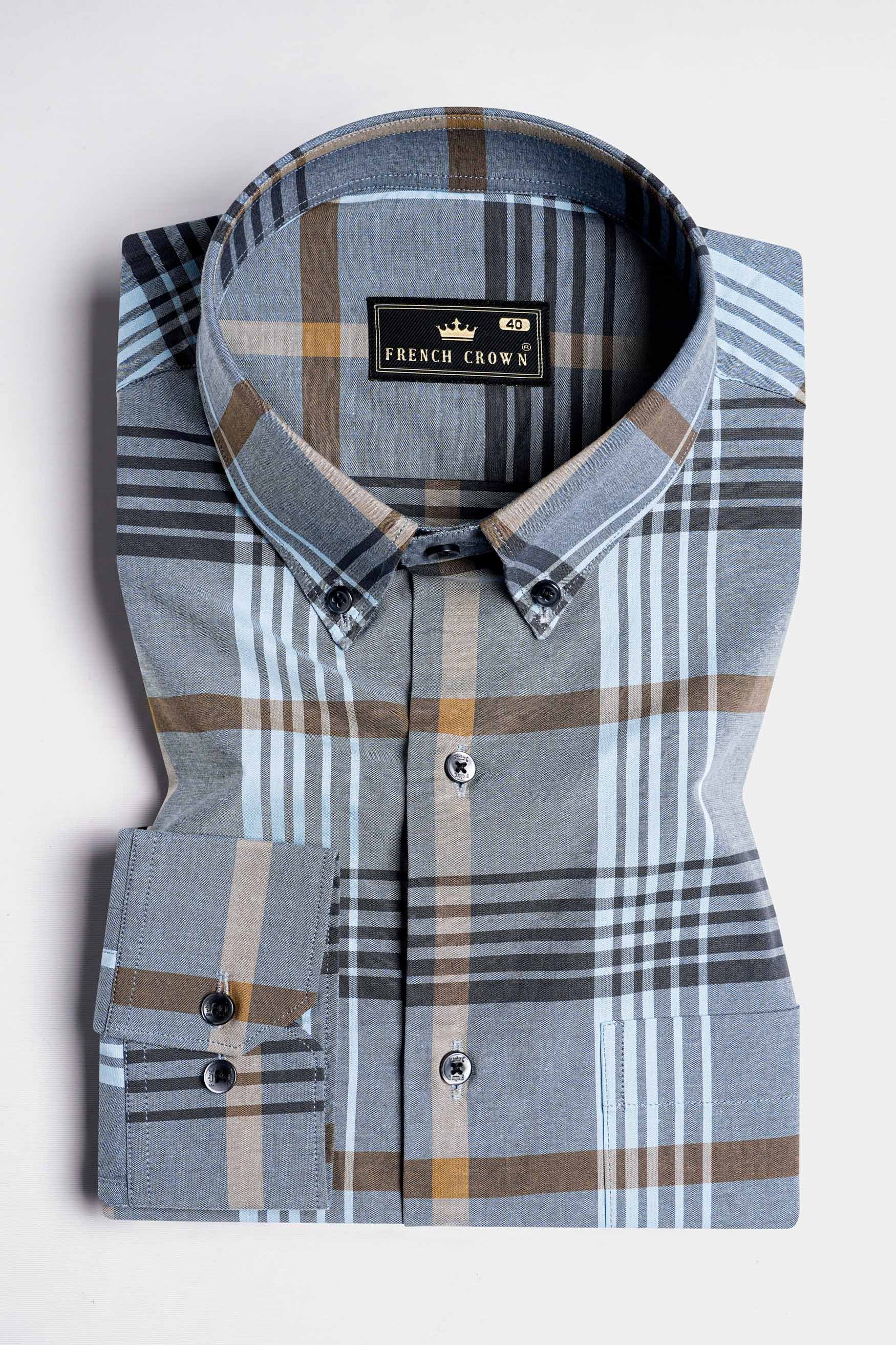 Cadet Gray with Glacier Blue and Muesli Brown Plaid Premium Cotton Shirt