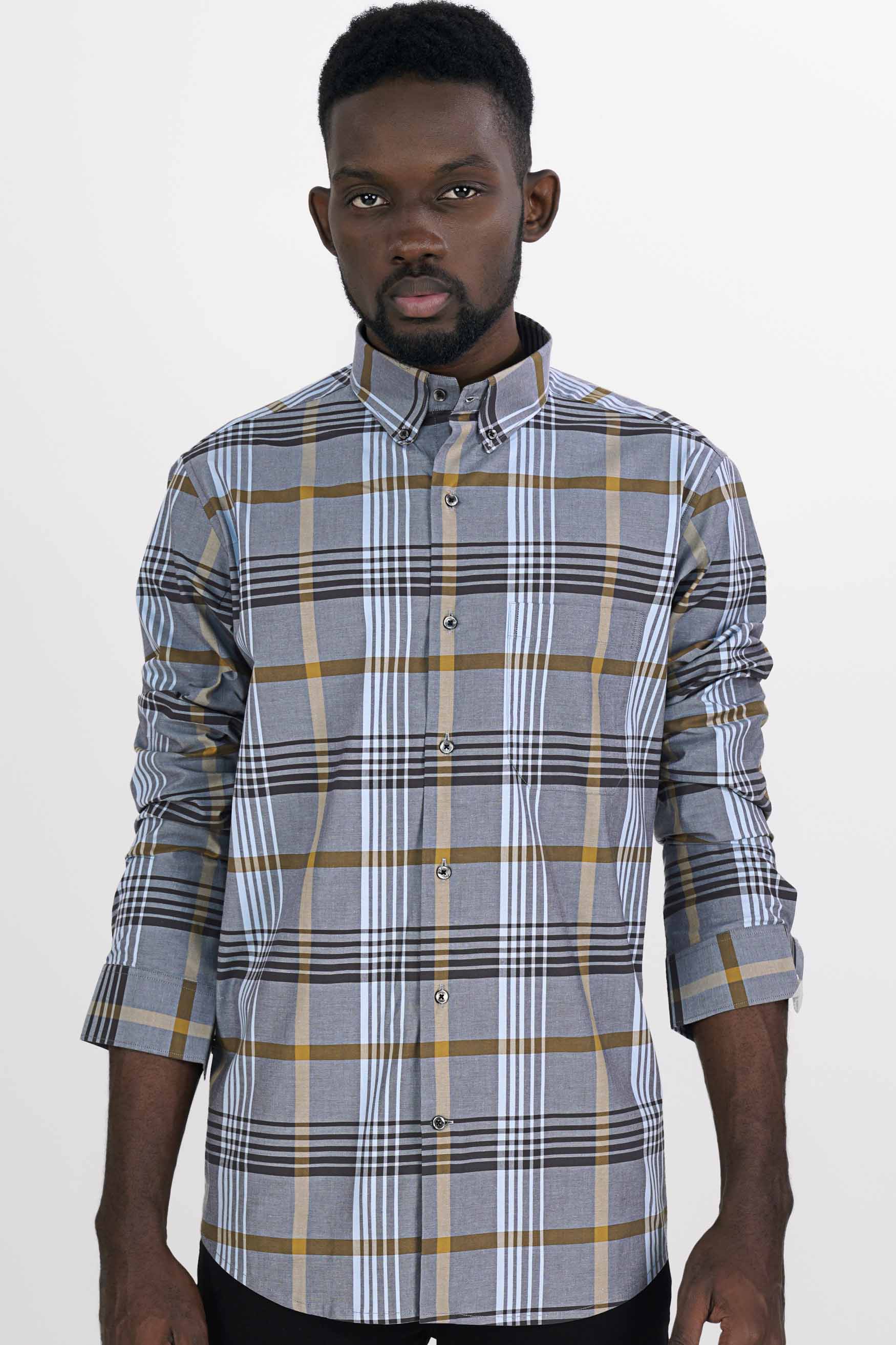 Cadet Gray with Glacier Blue and Muesli Brown Plaid Premium Cotton Shirt