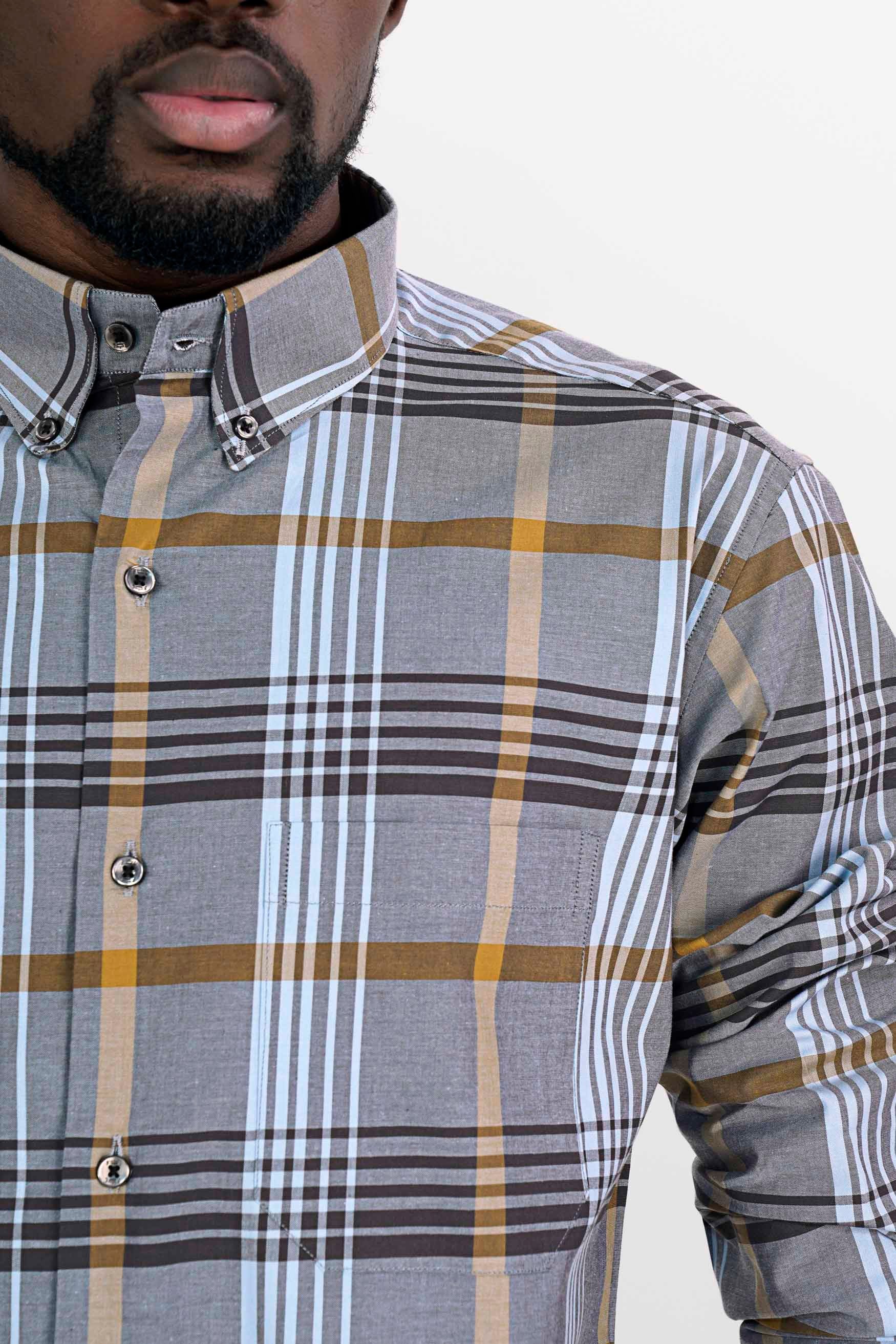 Cadet Gray with Glacier Blue and Muesli Brown Plaid Premium Cotton Shirt