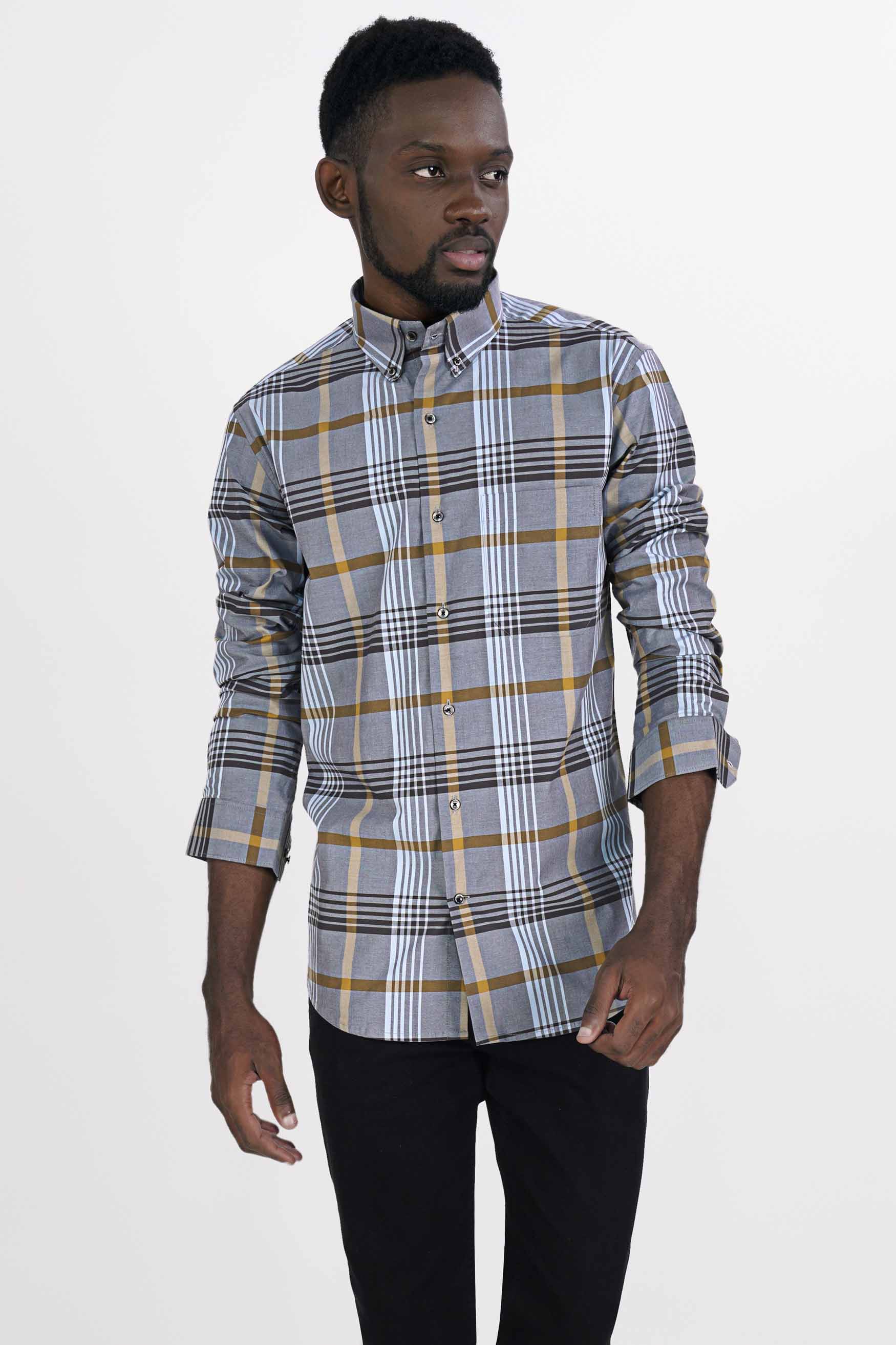 Cadet Gray with Glacier Blue and Muesli Brown Plaid Premium Cotton Shirt
