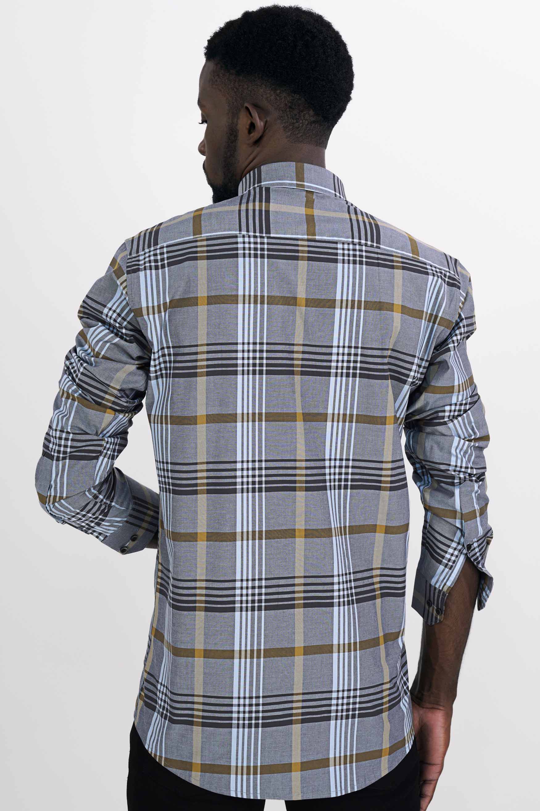 Cadet Gray with Glacier Blue and Muesli Brown Plaid Premium Cotton Shirt