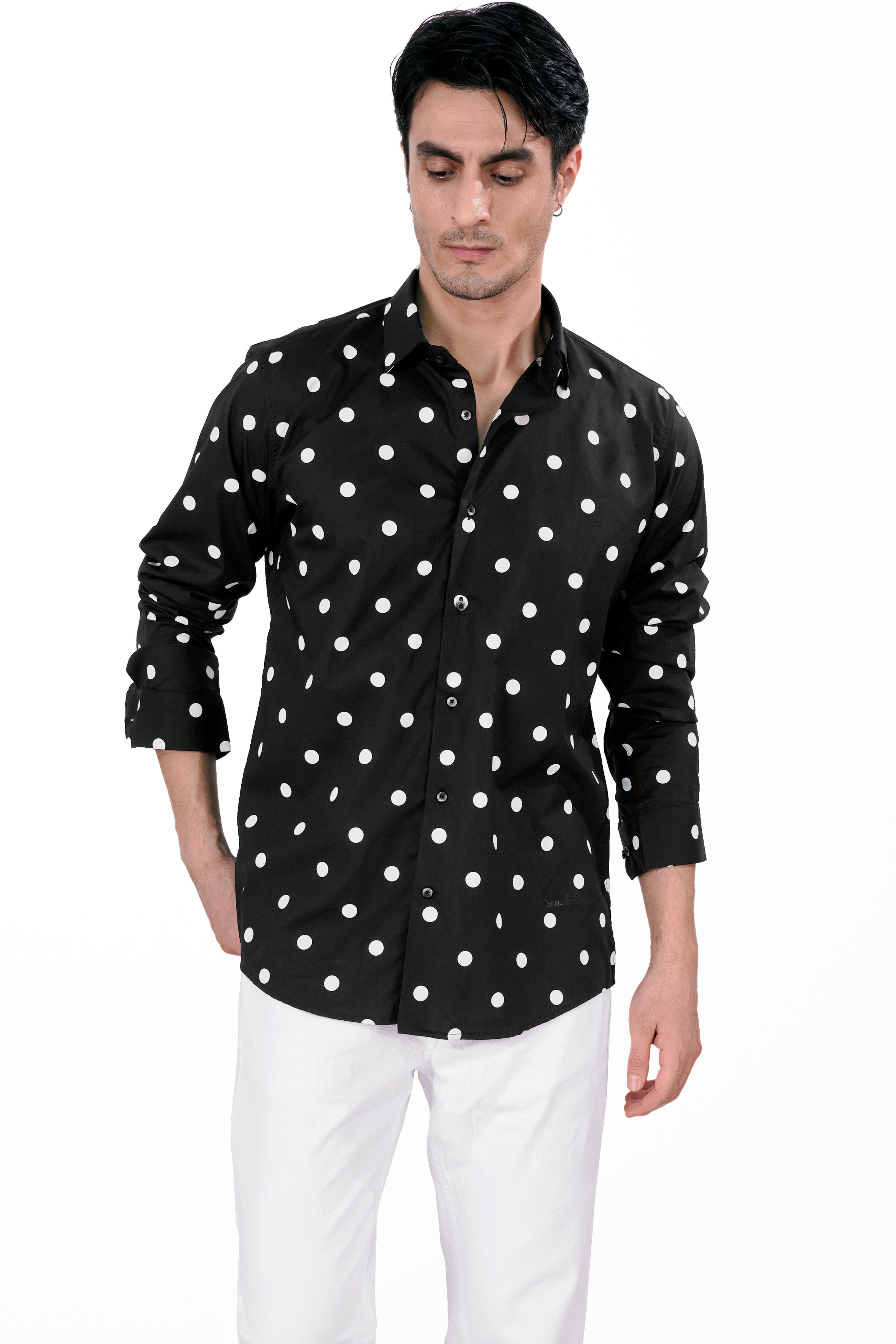Jade Black and White Polka Dotted Premium Cotton Shirt