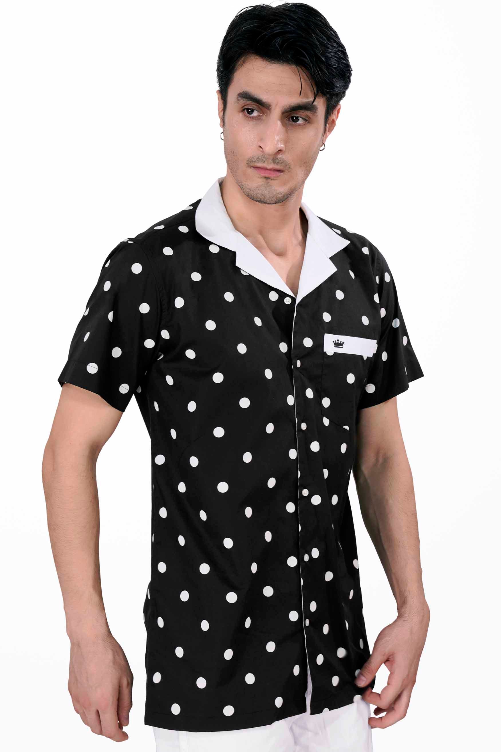 Jade Black and White Polka Dotted with White Collar Premium Cotton Designer Shirt