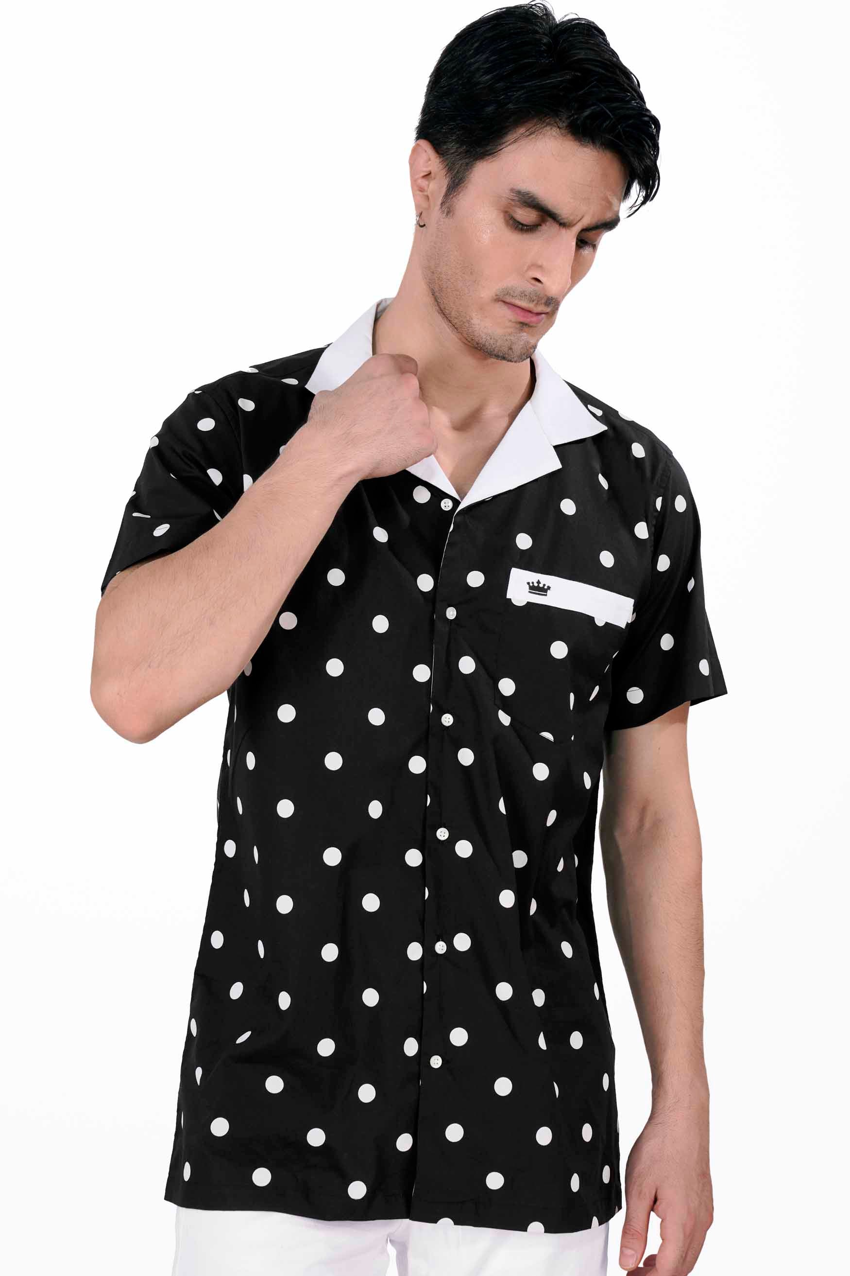 Jade Black and White Polka Dotted with White Collar Premium Cotton Designer Shirt