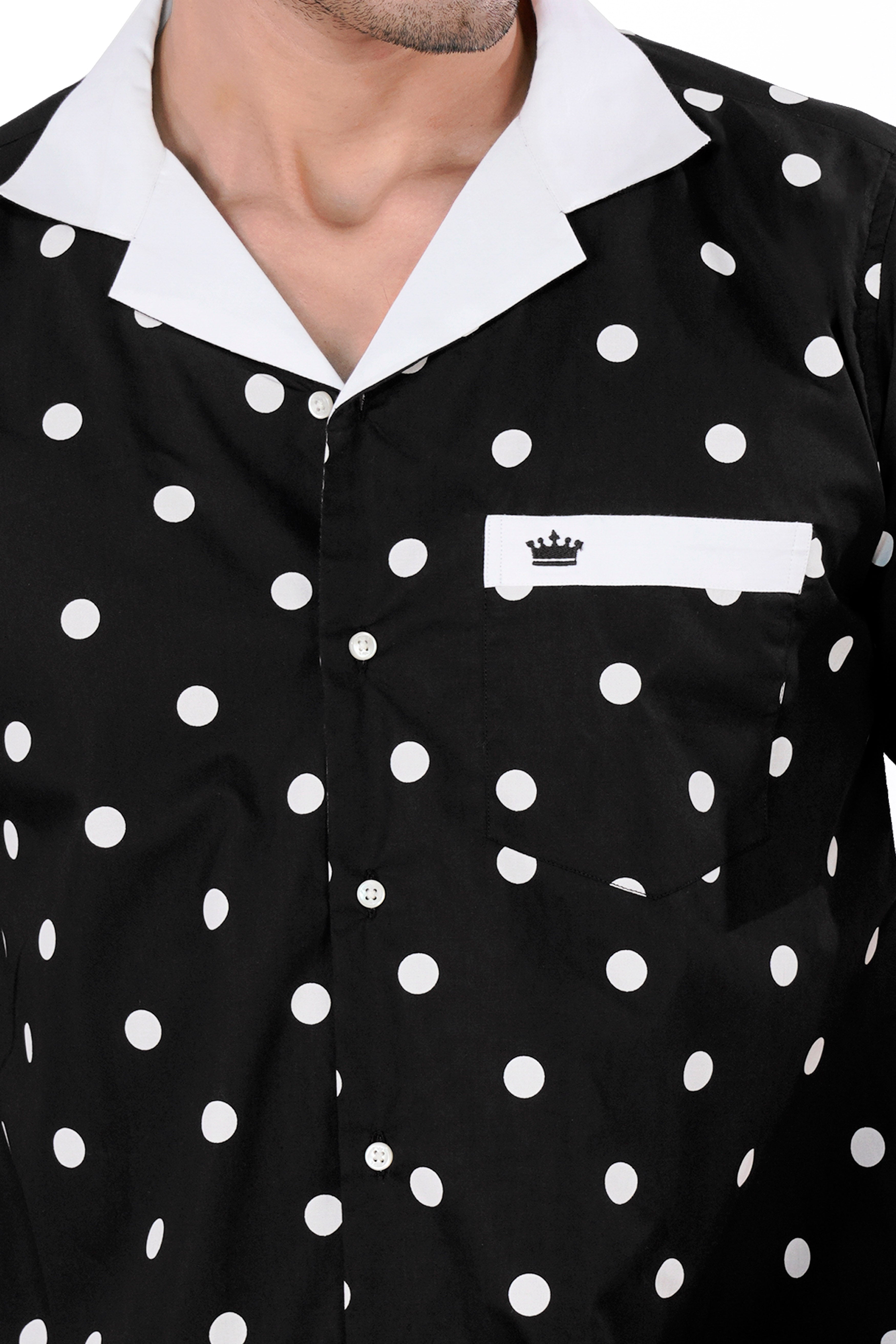 Jade Black and White Polka Dotted with White Collar Premium Cotton Designer Shirt