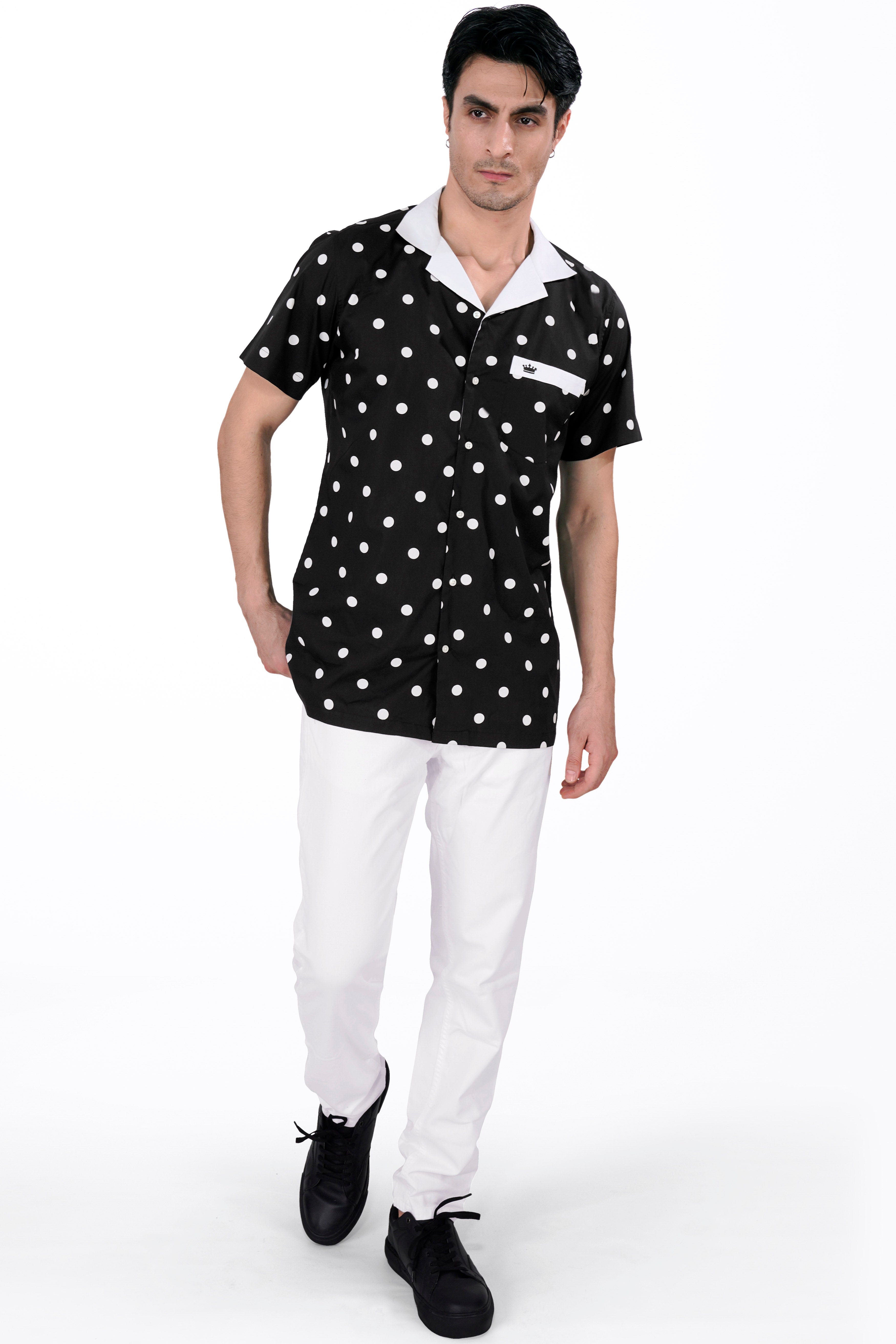 Jade Black and White Polka Dotted with White Collar Premium Cotton Designer Shirt