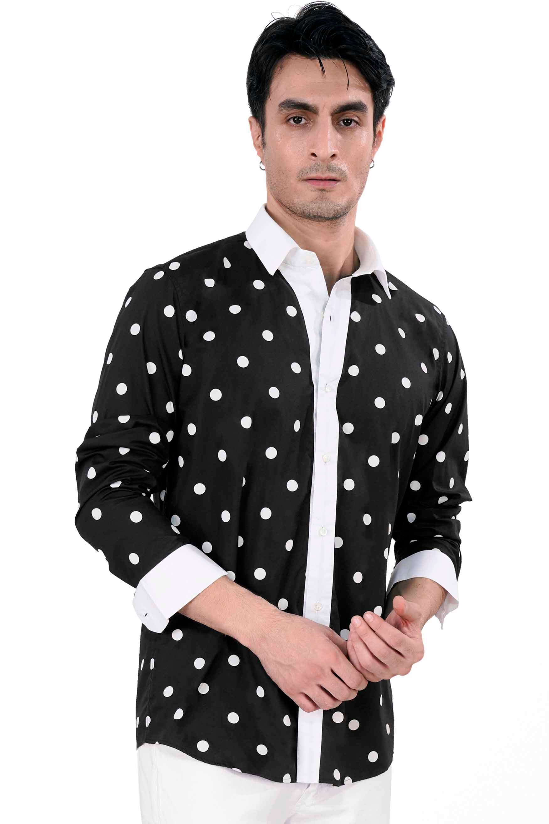 Jade Black and White Polka Dots with White Cuffs and Collar Premium Cotton Designer Shirt