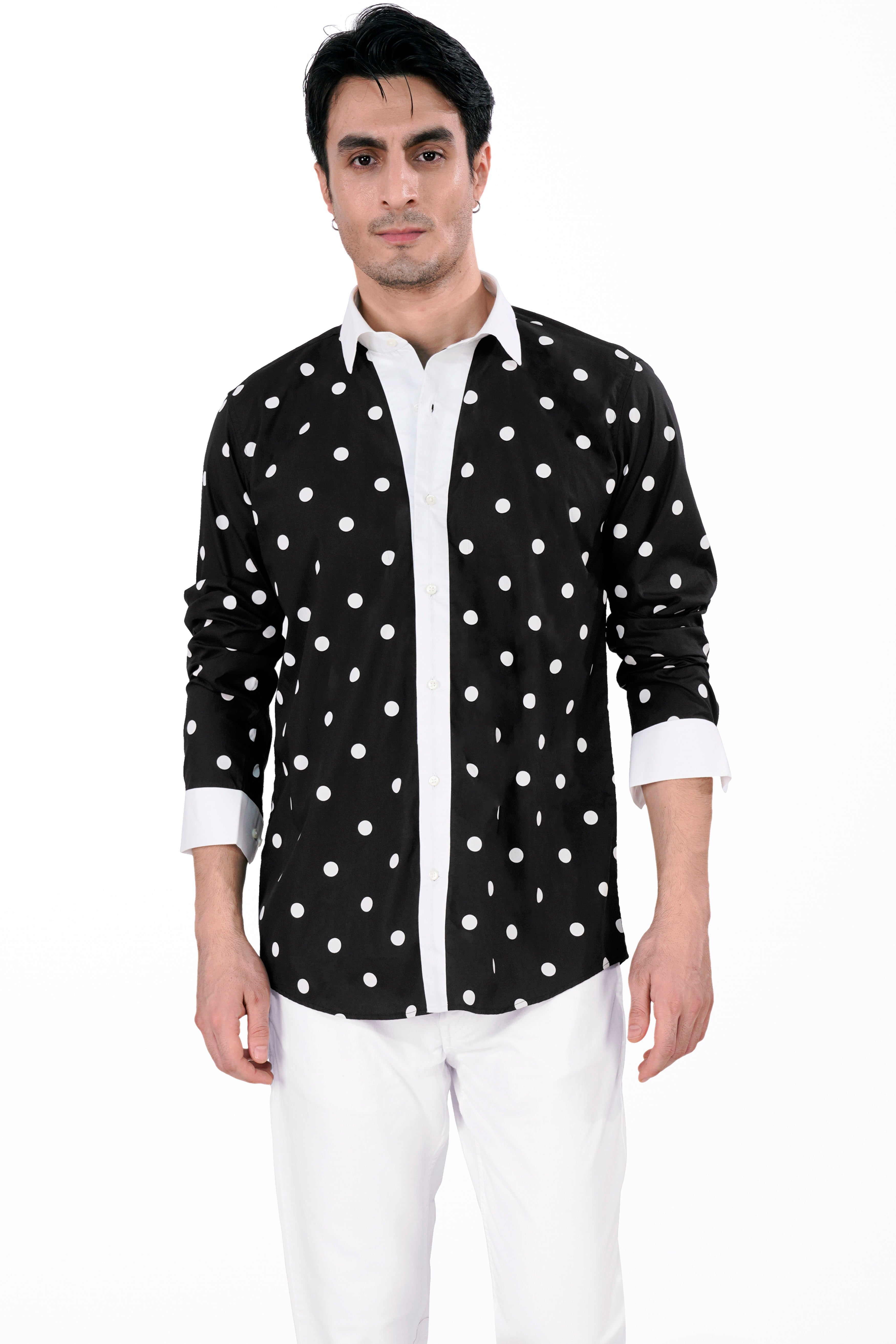 Jade Black and White Polka Dots with White Cuffs and Collar Premium Cotton Designer Shirt