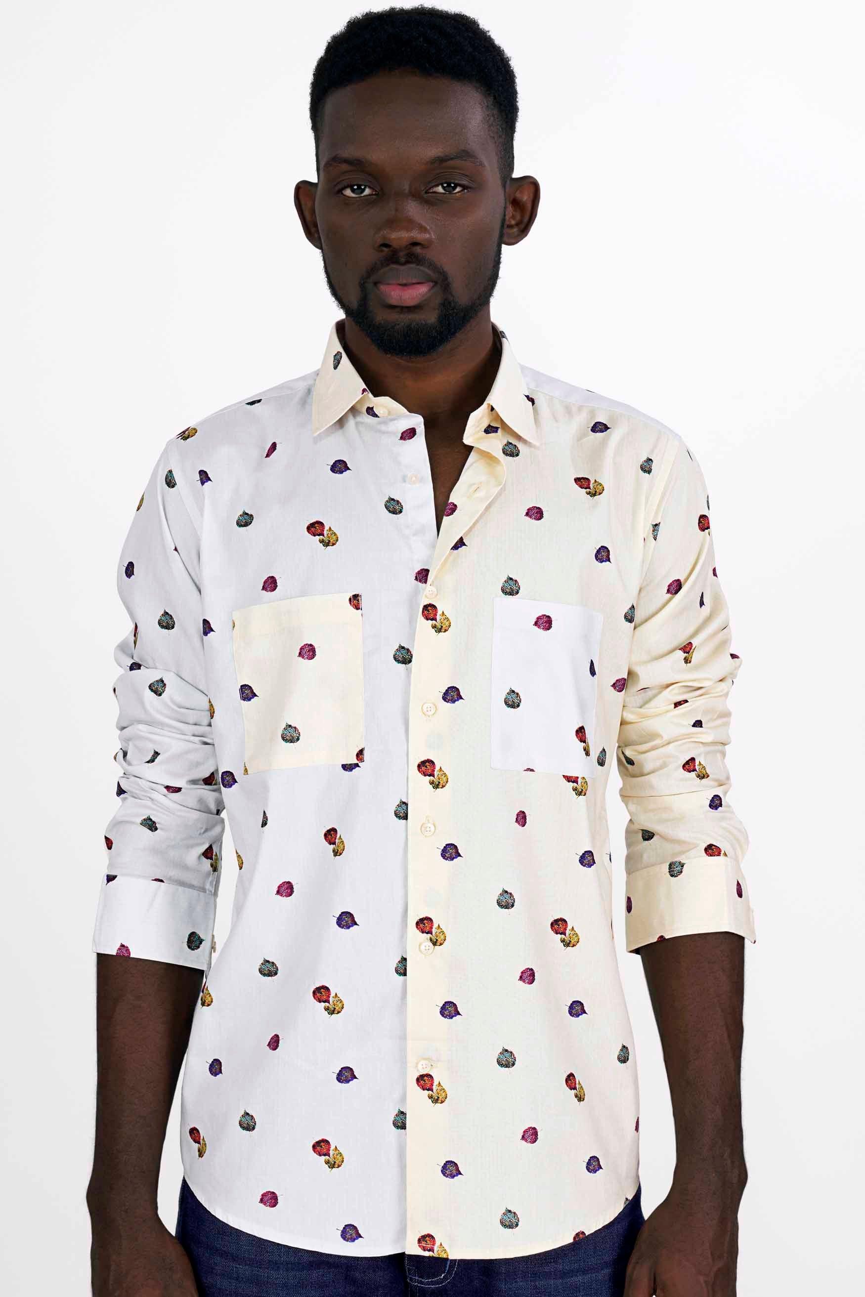 Half Bright White with Half Hampton Beige Leaves Printed Super Soft Premium Cotton Designer Shirt