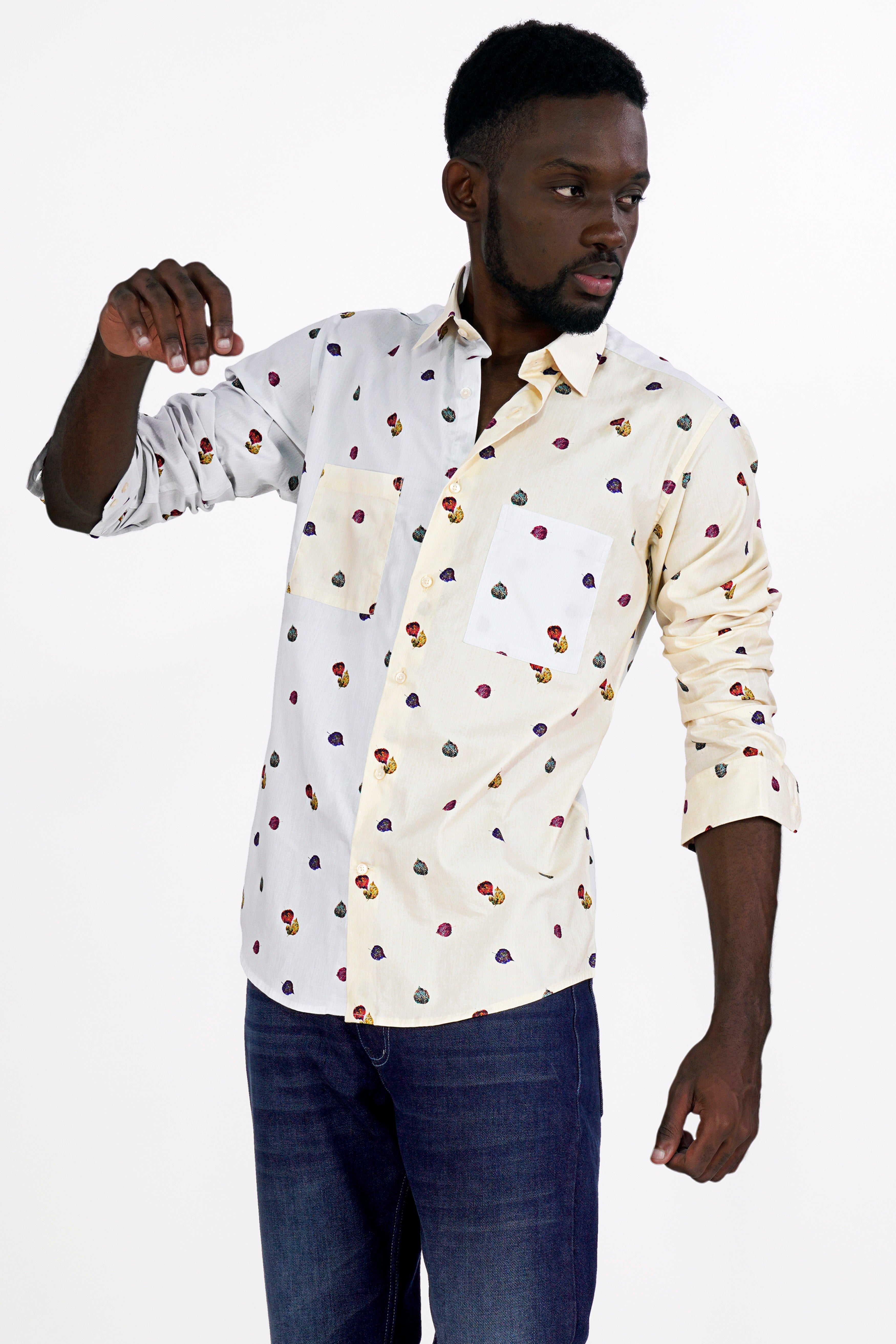 Half Bright White with Half Hampton Beige Leaves Printed Super Soft Premium Cotton Designer Shirt